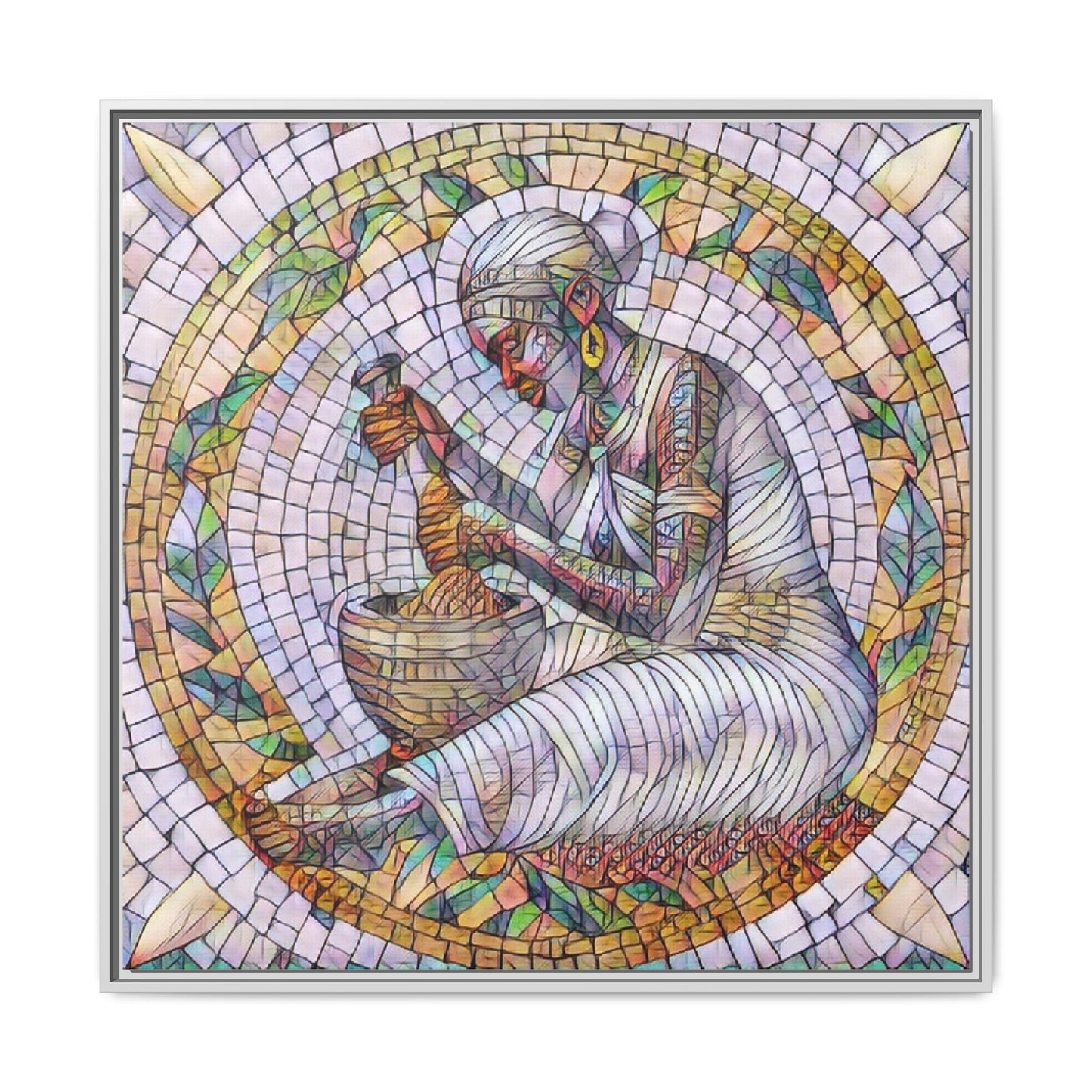 Framed Mosaic Art Print — Woman Grinding Grain (Matte Canvas)