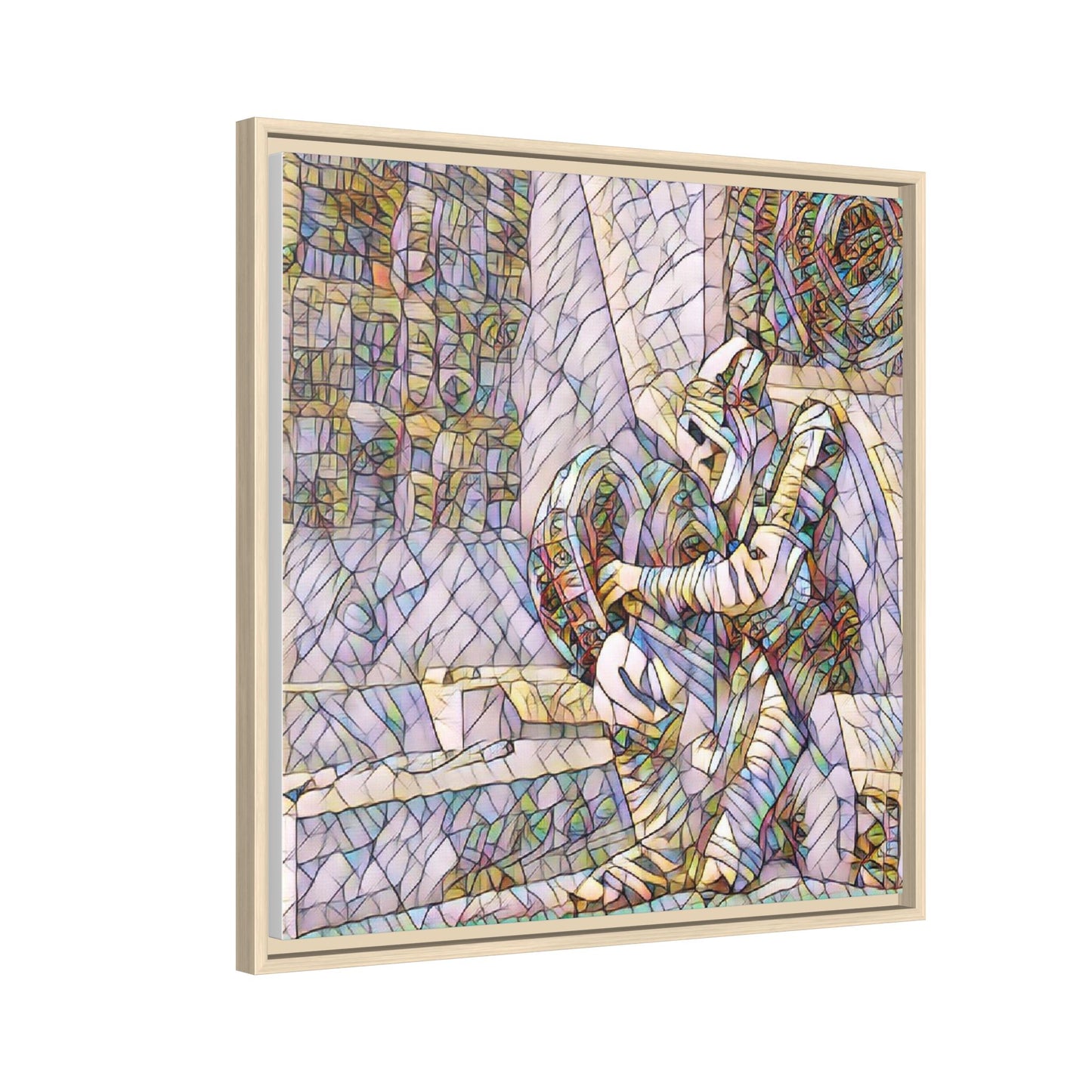 Framed Matte Canvas Art — Colorful Stained-Glass Astronaut Embrace