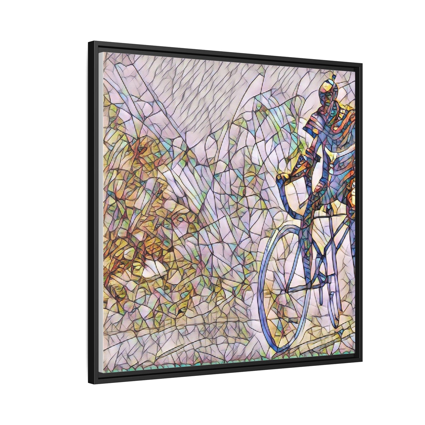 Colorful Cyclist Stained-Glass Art — Framed Matte Canvas