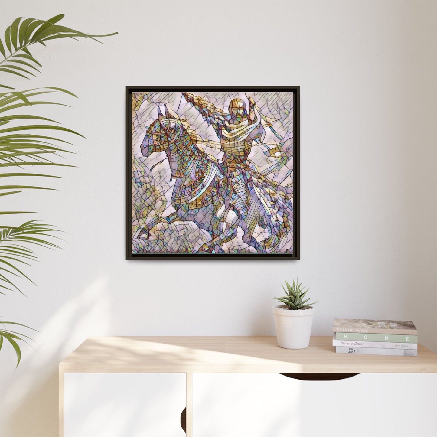 Framed Matte Canvas Print — Stained Glass Knight on Horse Artwork