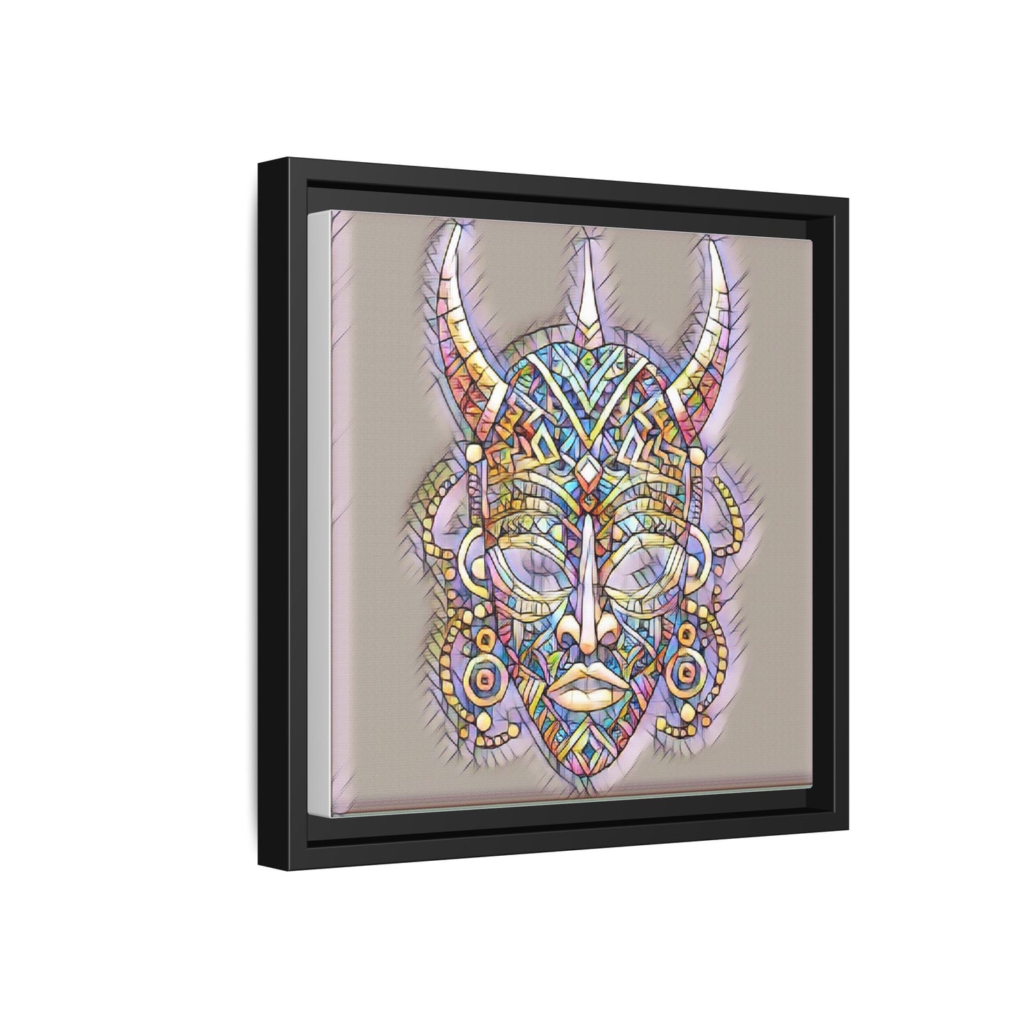 Colorful Tribal Mask Framed Canvas Art — Abstract Ethnic Wall Decor