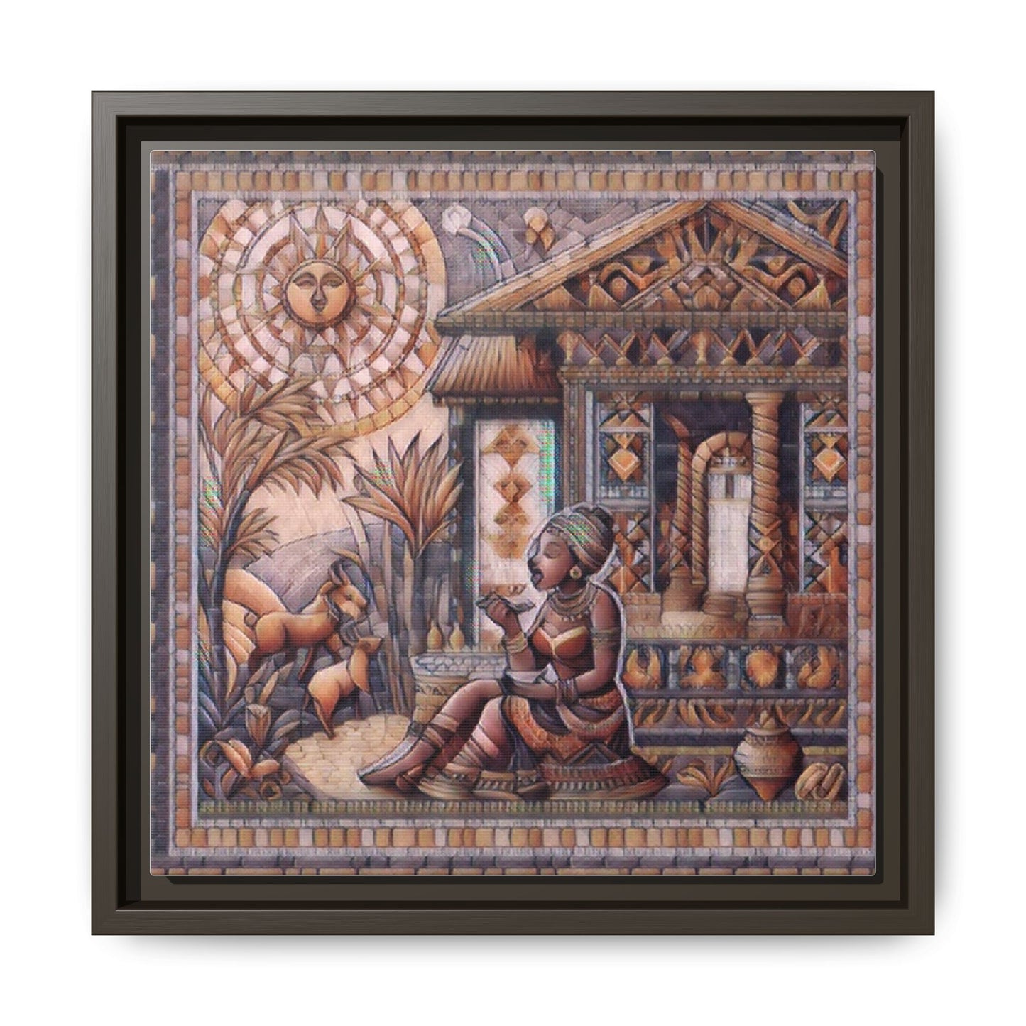 Egyptian Goddess Mosaic Framed Canvas Art — Colorful Ancient Ritual Wall Decor