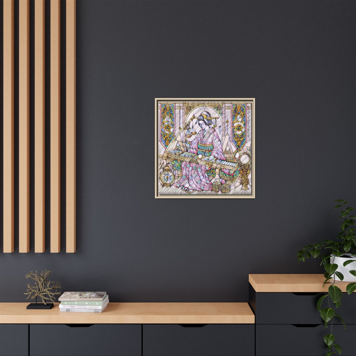 Framed Matte Canvas — Geisha Harp Stained-Glass Art Print