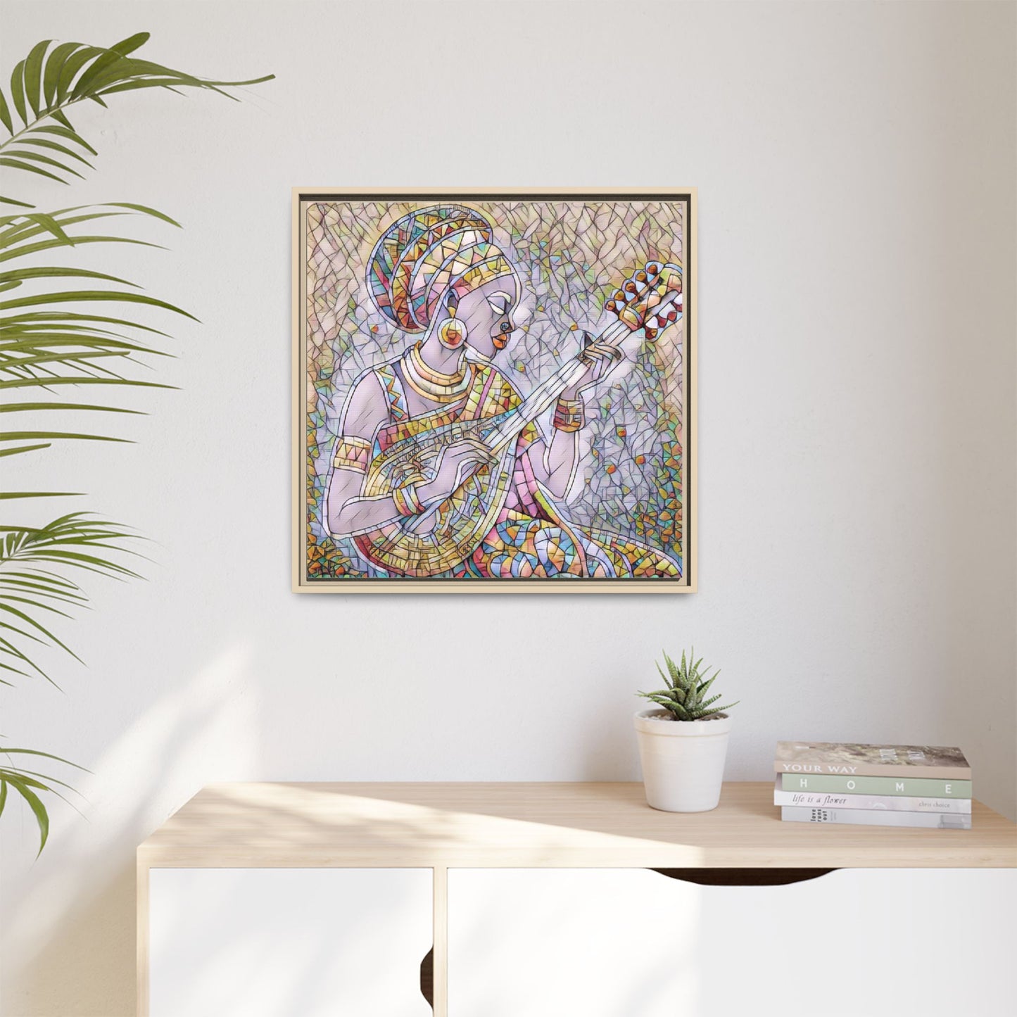 Framed Canvas Art — Colorful African Woman Playing Lute (Matte Multi‑Color)