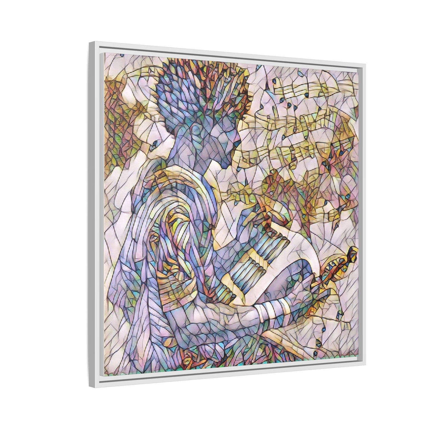 Abstract Jazz Musician Framed Canvas Art — Colorful Stained-Glass Style Wall Decor