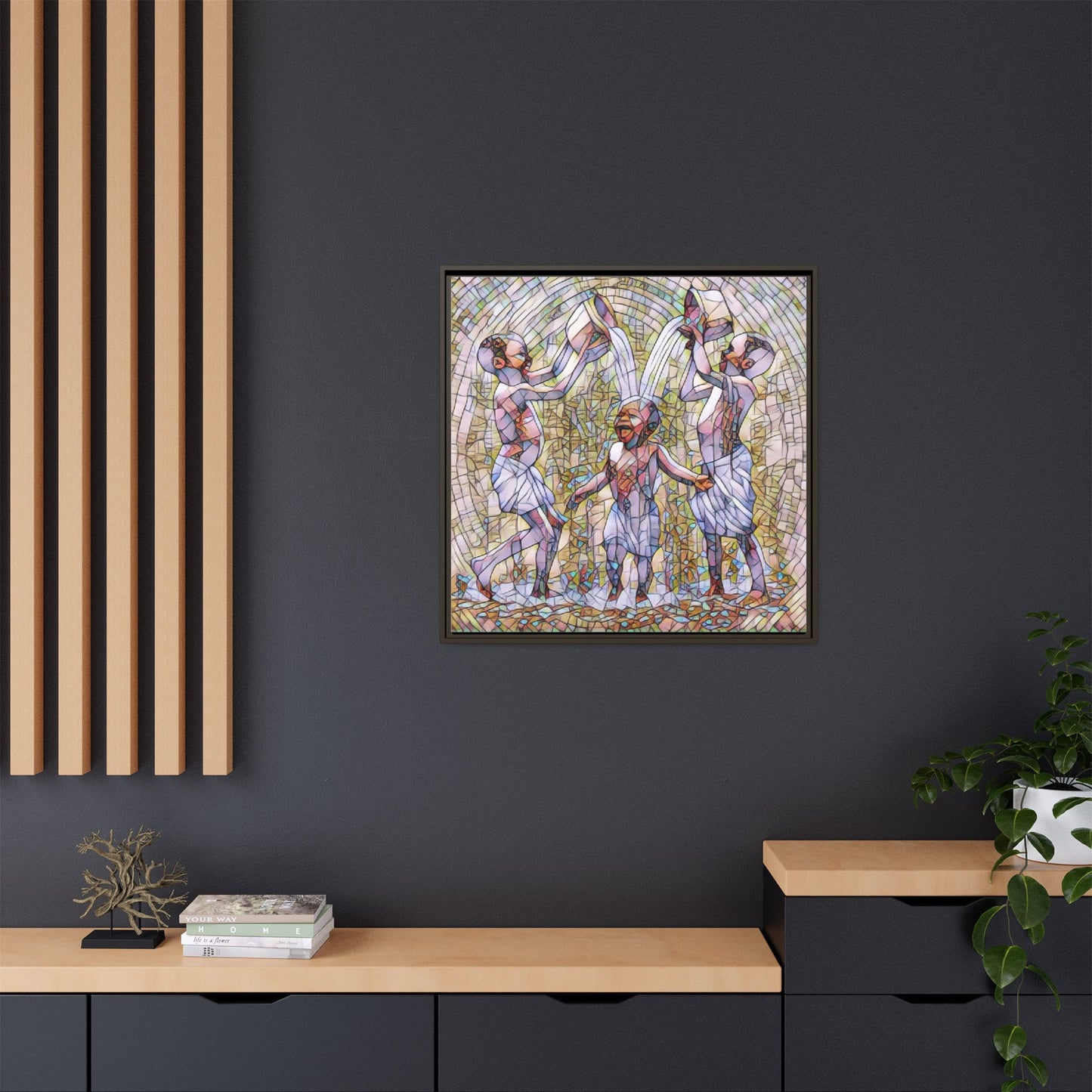 Framed Matte Canvas Art – Joyful Water Dance Family Stained-Glass Print