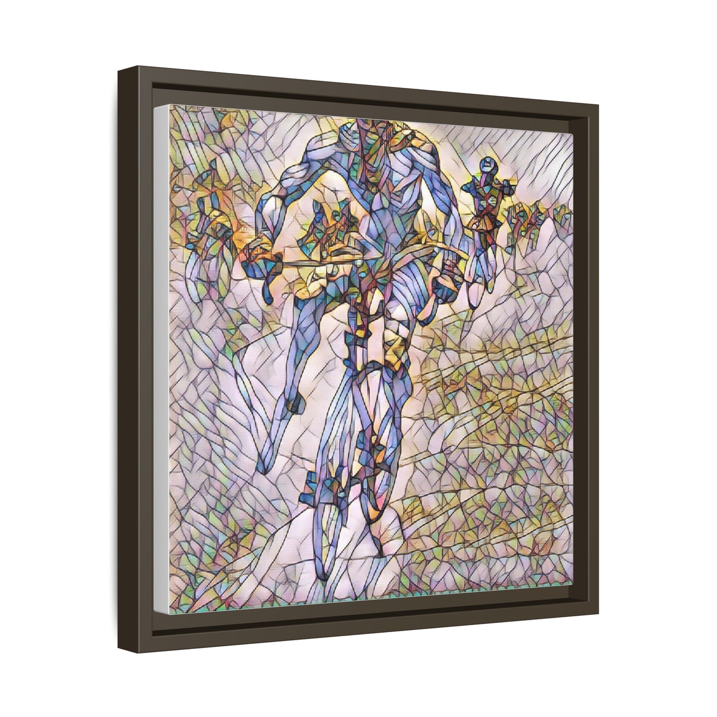 Abstract Cyclist Matte Canvas Framed Art — Colorful Stained-Glass Bike Print