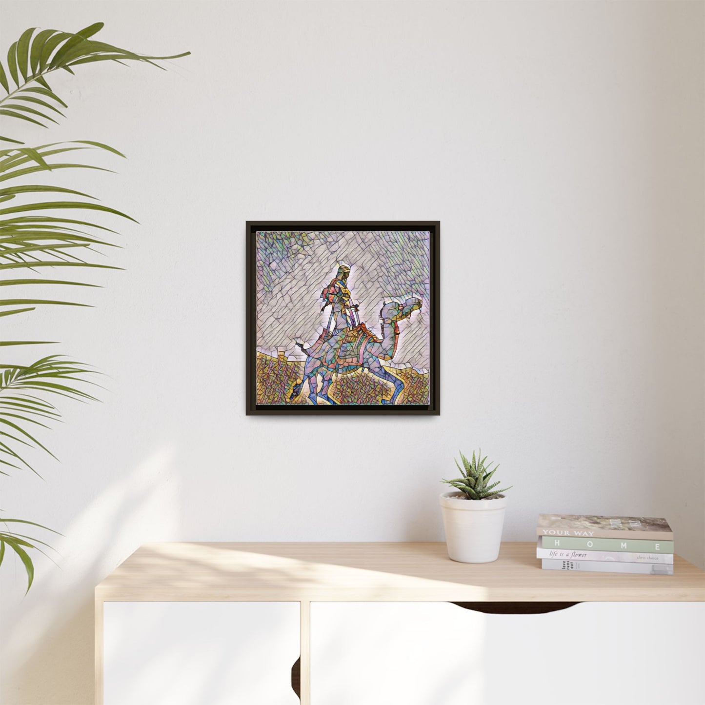 Framed Camel Rider Matte Canvas Art — Colorful Mosaic Desert Wall Decor