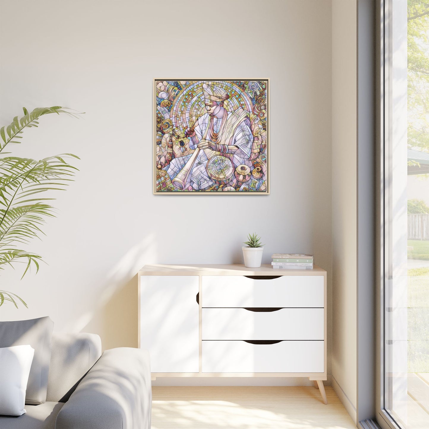 Framed Matte Canvas Print — African Drummer Mosaic Art