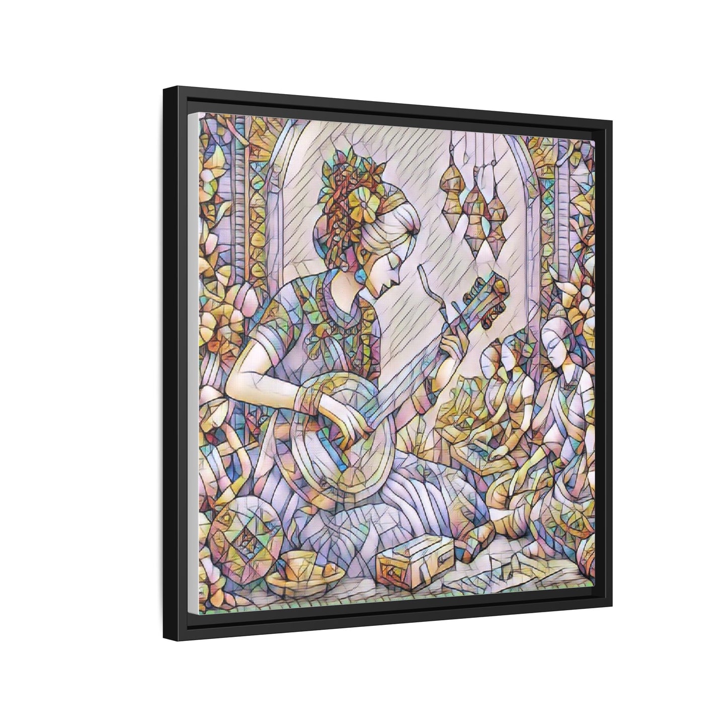 Framed Matte Canvas: Bohemian Woman Playing Lute — Stained-Glass Style Wall Art