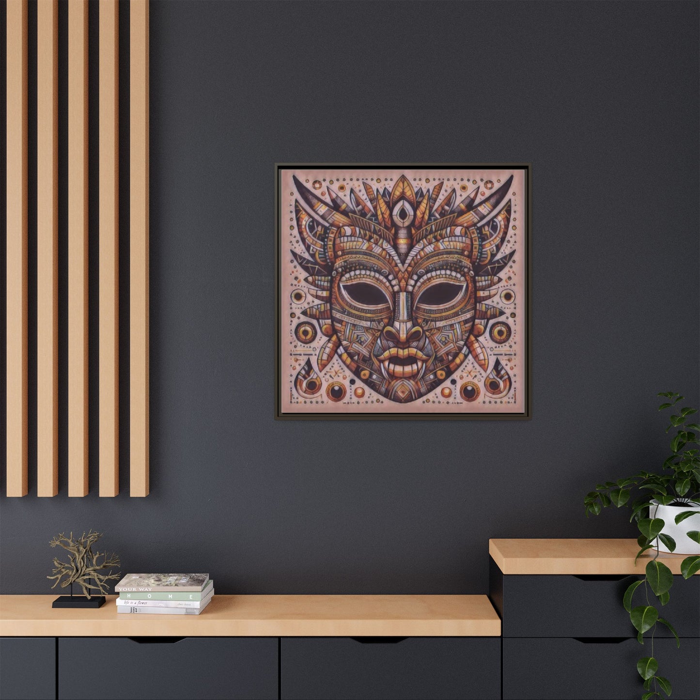 Tribal Mask Framed Canvas Art — Multicolor Matte Wall Decor