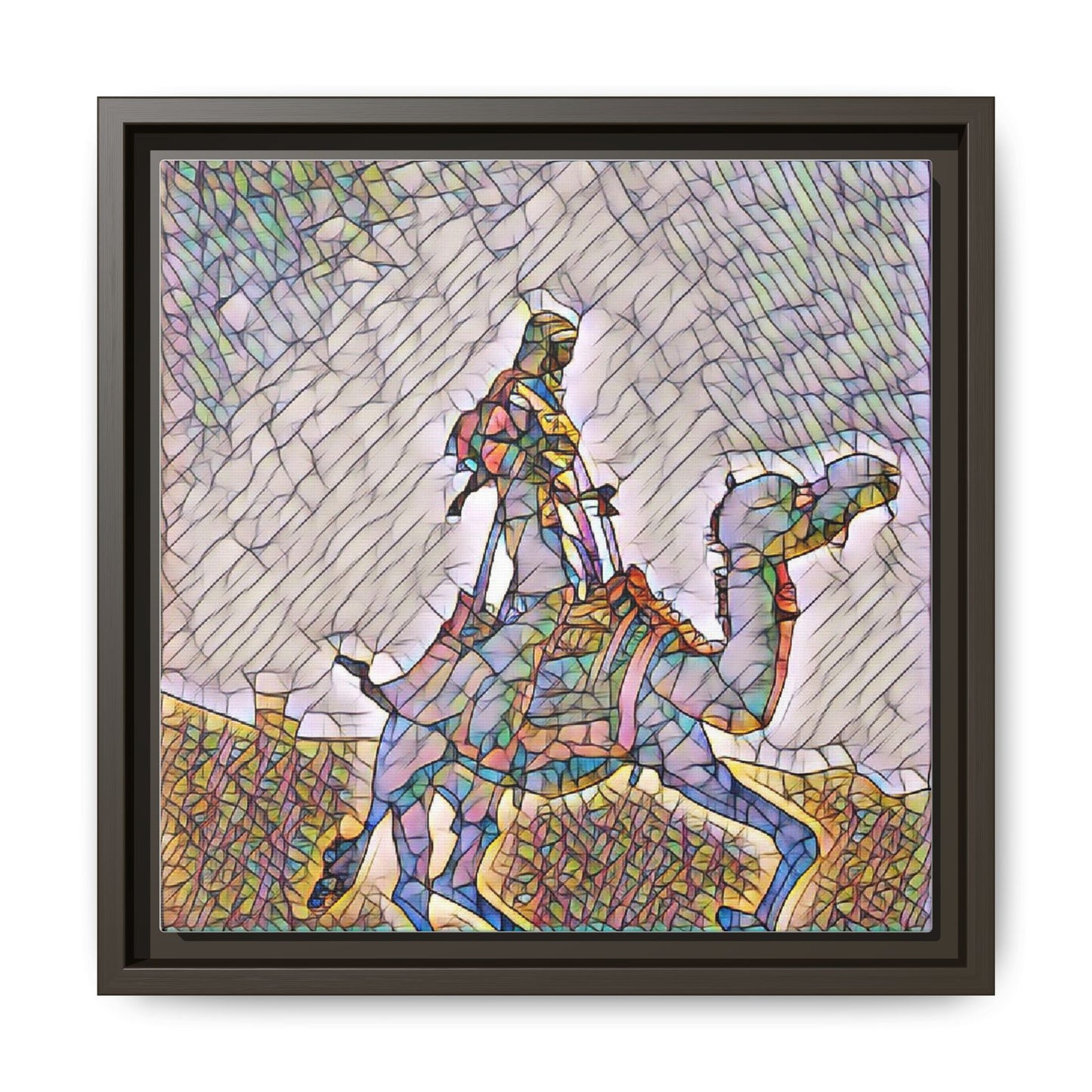 Framed Camel Rider Matte Canvas Art — Colorful Mosaic Desert Wall Decor