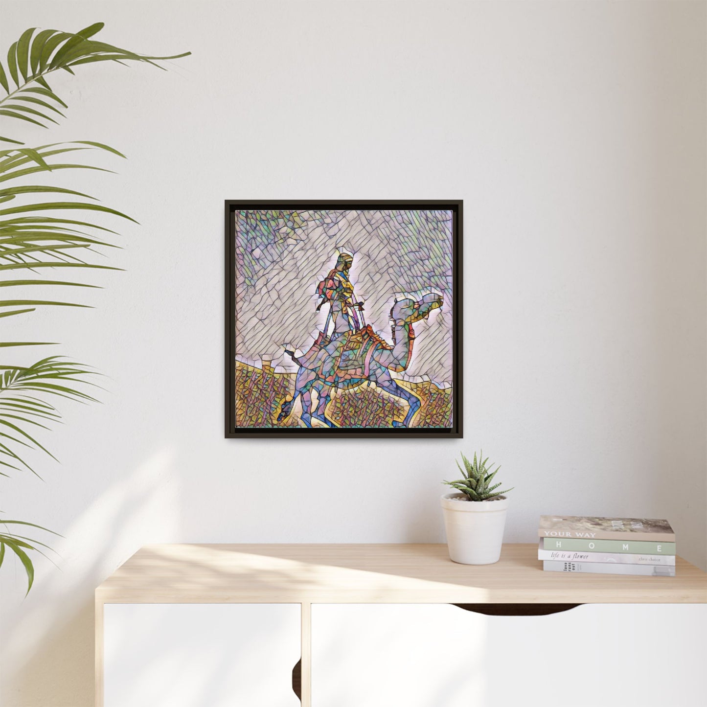 Framed Camel Rider Matte Canvas Art — Colorful Mosaic Desert Wall Decor