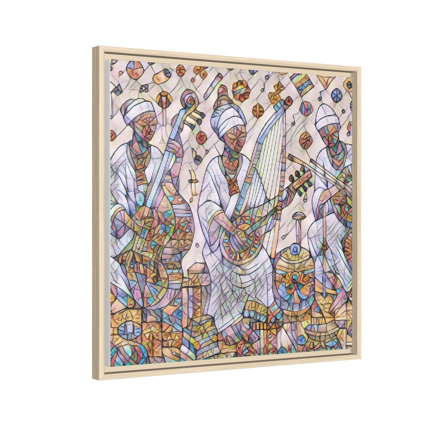 Framed Matte Canvas Print — Colorful African Musicians Stained-Glass Art