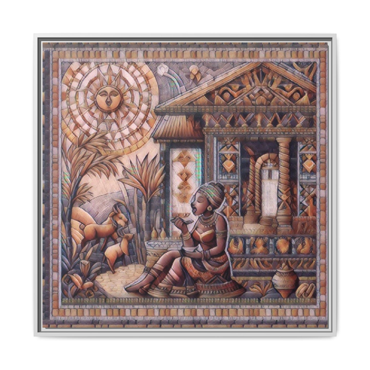 Egyptian Goddess Mosaic Framed Canvas Art — Colorful Ancient Ritual Wall Decor