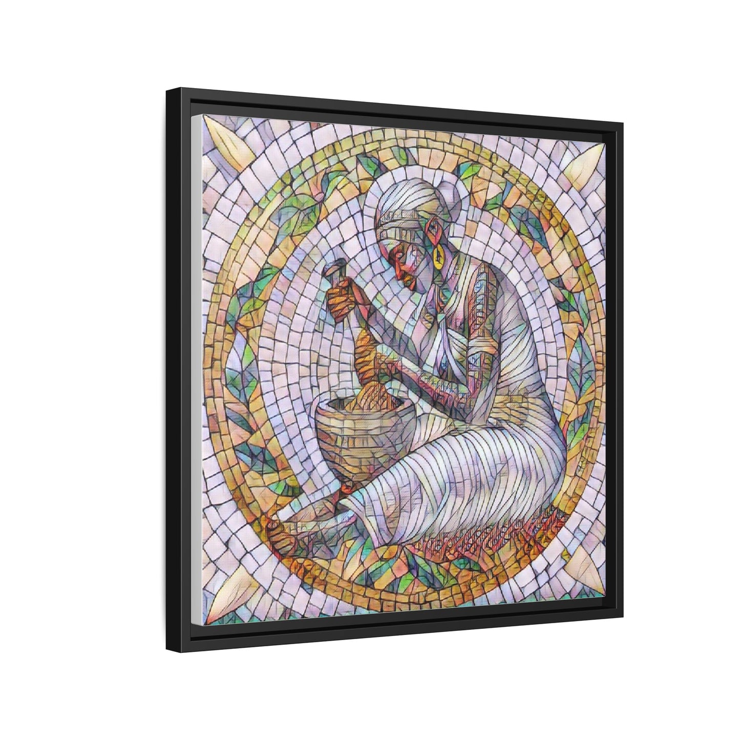 Framed Mosaic Art Print — Woman Grinding Grain (Matte Canvas)