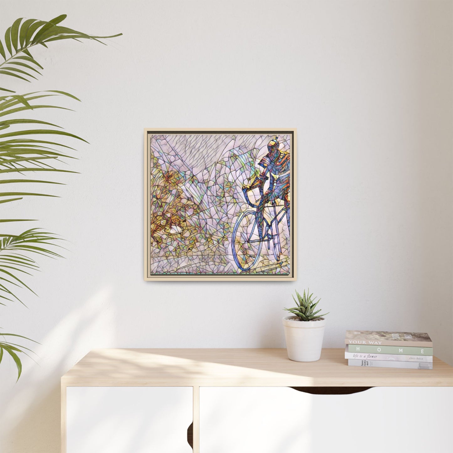 Colorful Cyclist Stained-Glass Art — Framed Matte Canvas