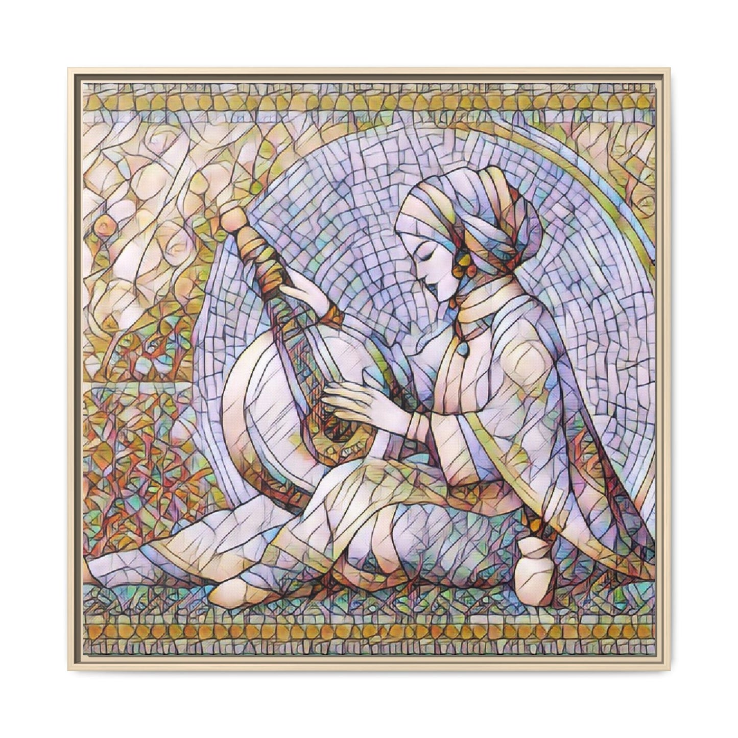 Framed Matte Canvas: Mosaic Lute Player Wall Art — Bohemian Musical Portrait