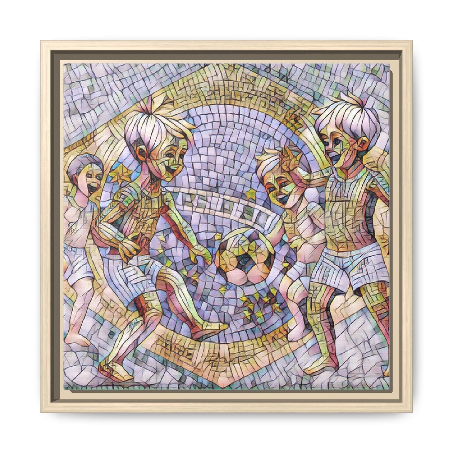 Framed Matte Canvas – Vintage Mosaic Kids Playing Soccer Art