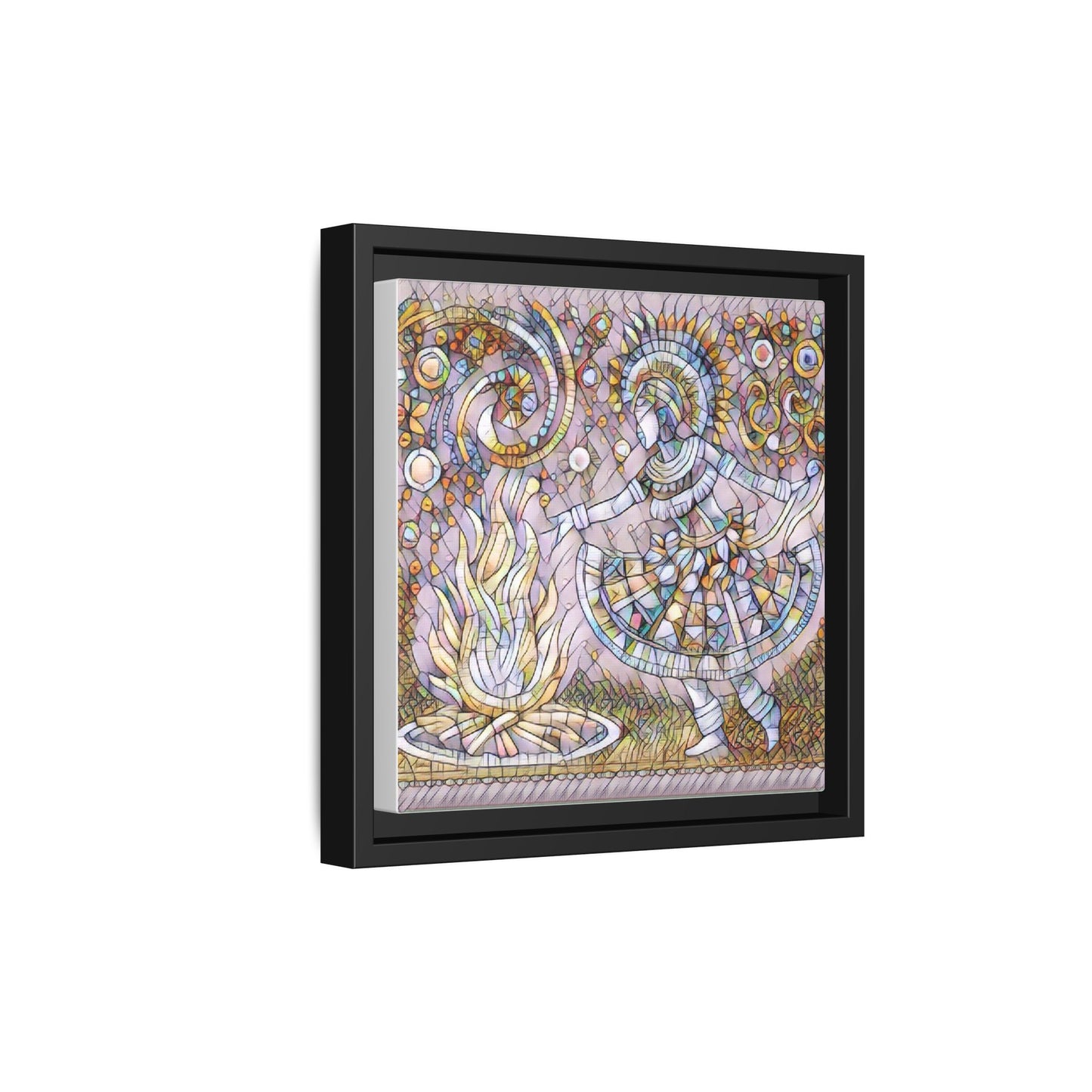 Bohemian Fire Dancer Framed Canvas Art — Colorful Folk Mosaic Wall Decor