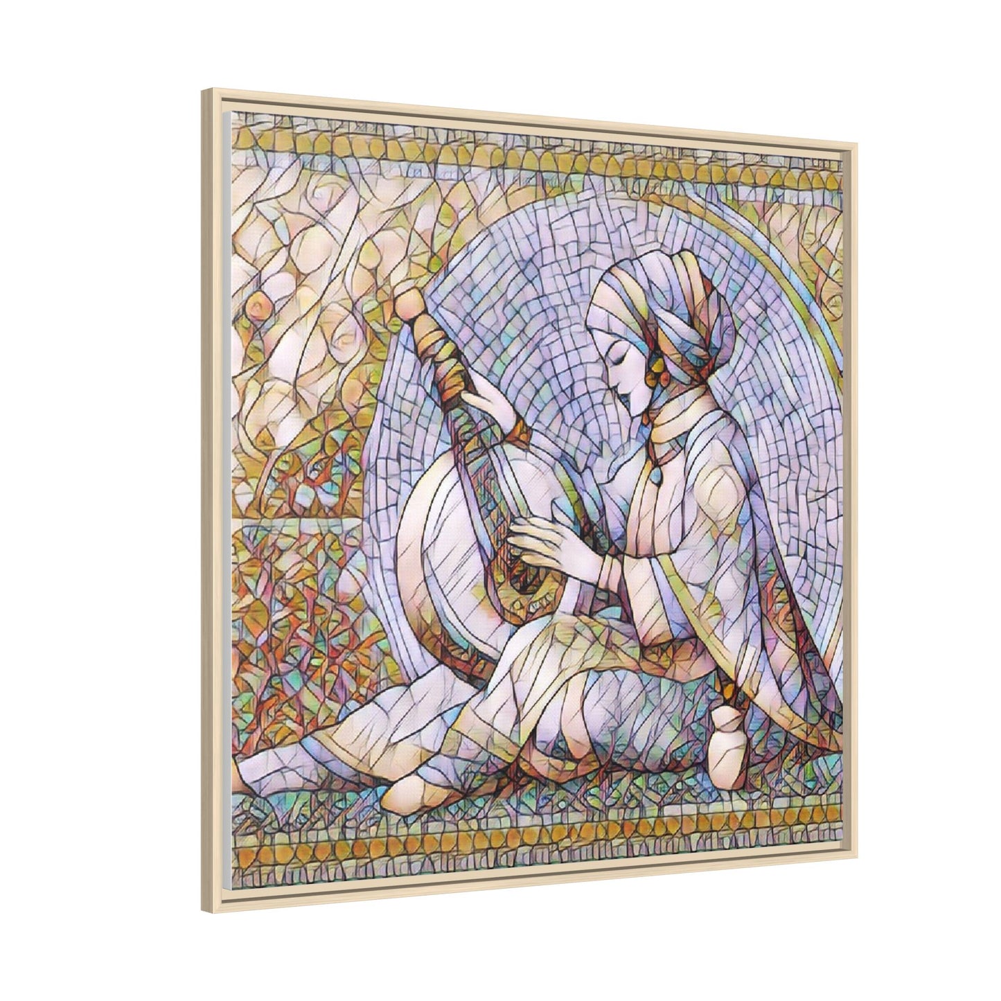 Framed Matte Canvas: Mosaic Lute Player Wall Art — Bohemian Musical Portrait