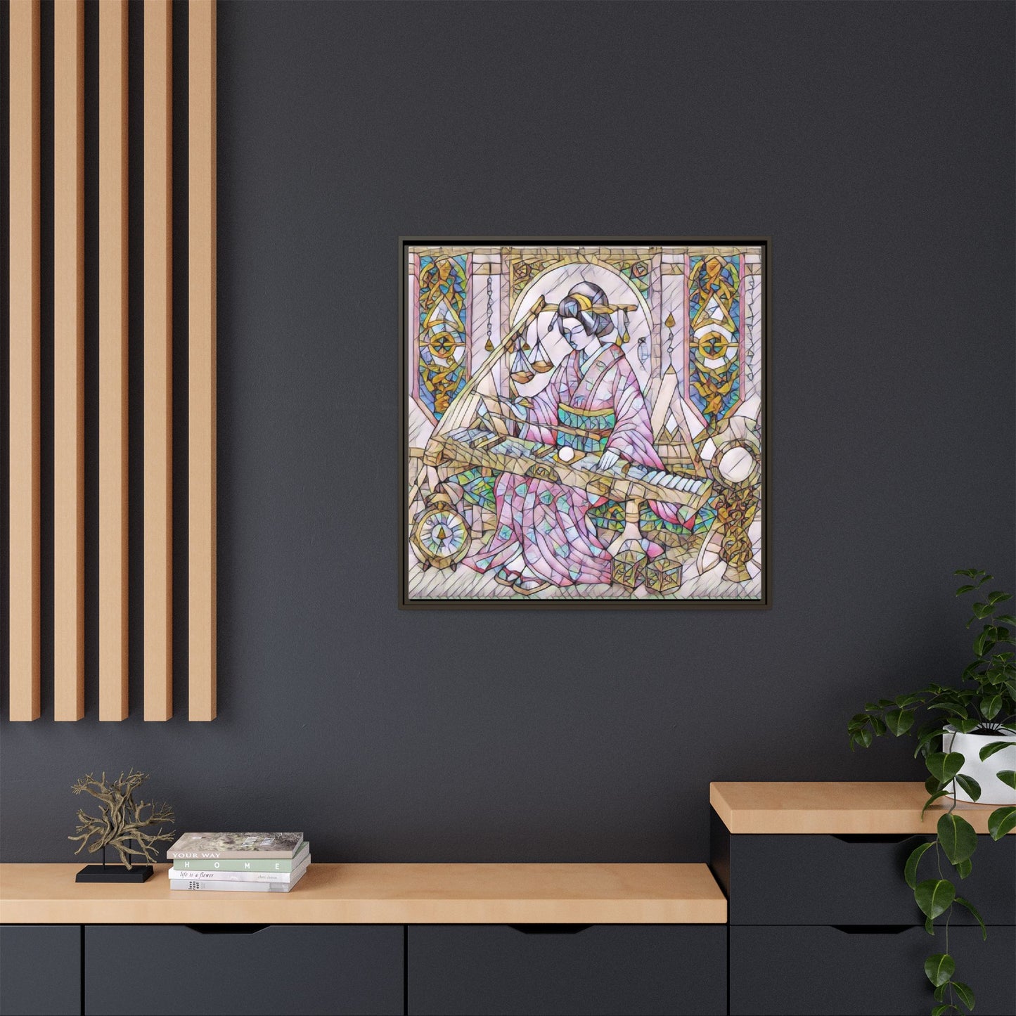 Framed Matte Canvas — Geisha Harp Stained-Glass Art Print