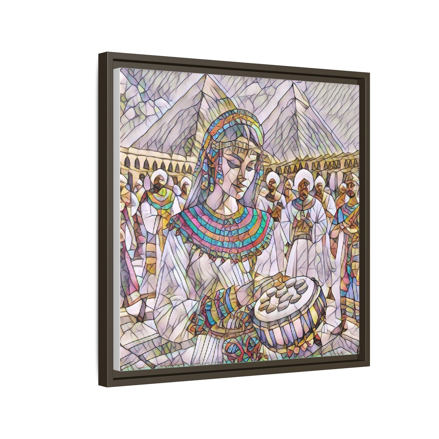 Egyptian Drum Player Framed Canvas Art — Colorful Ancient Scene Wall Decor