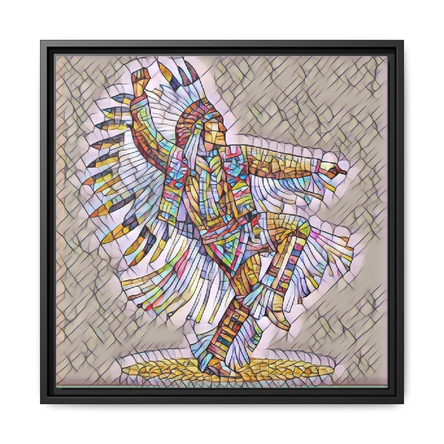 Colorful Native Dancer Framed Canvas Art — Stained Glass Style Wall Decor