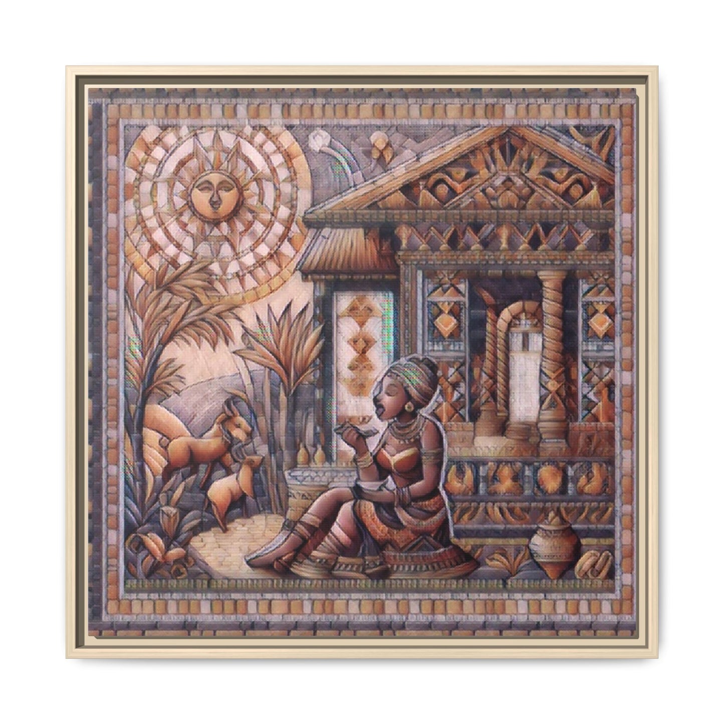 Egyptian Goddess Mosaic Framed Canvas Art — Colorful Ancient Ritual Wall Decor