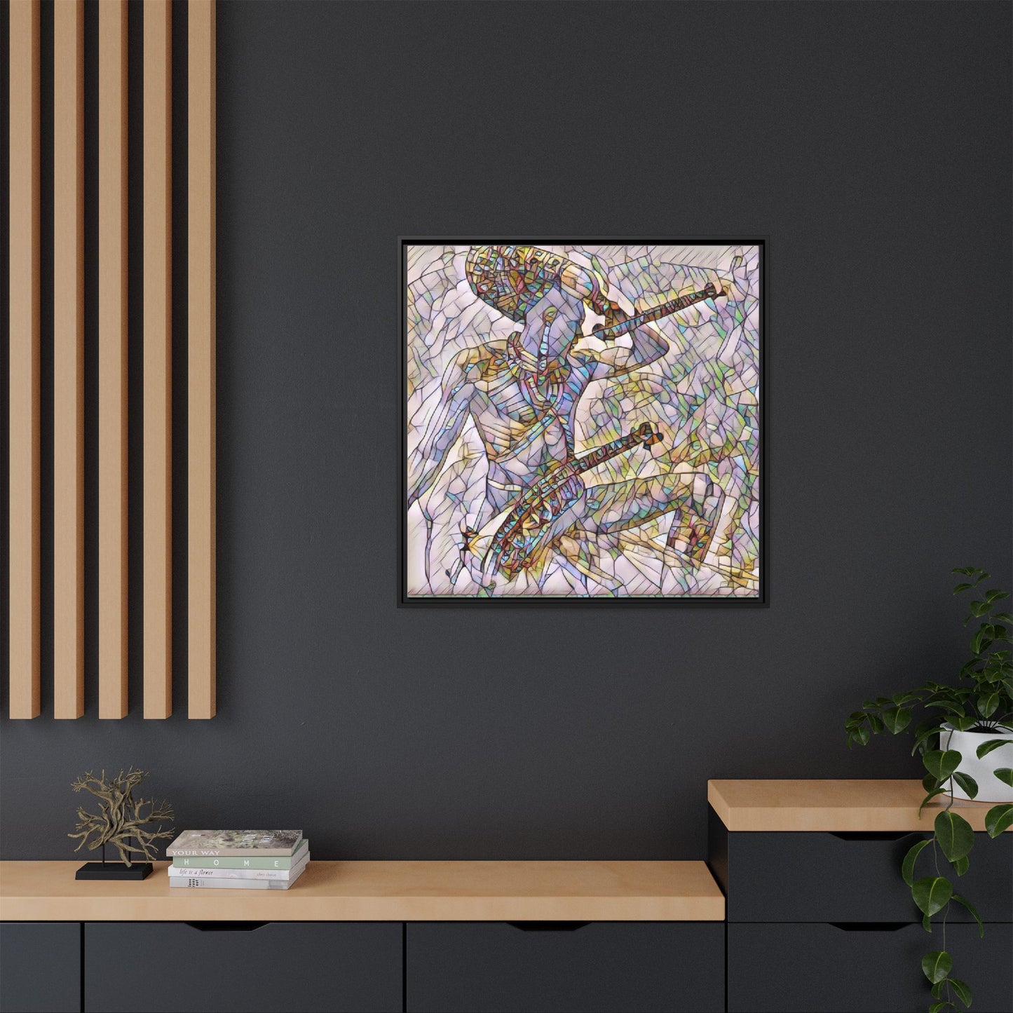 Stained Glass Blue Musician — Framed Matte Canvas Art