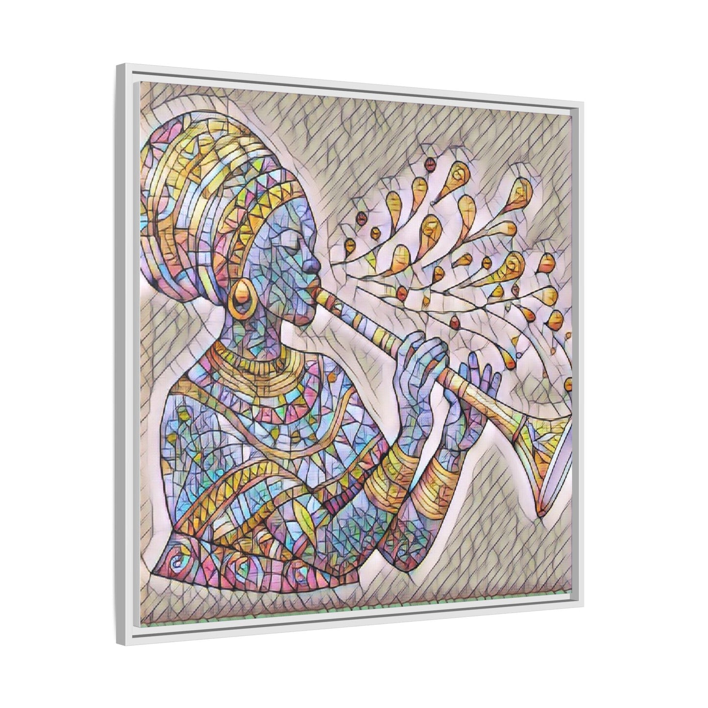 Framed Matte Canvas Art – Colorful African Musician Trumpet Print