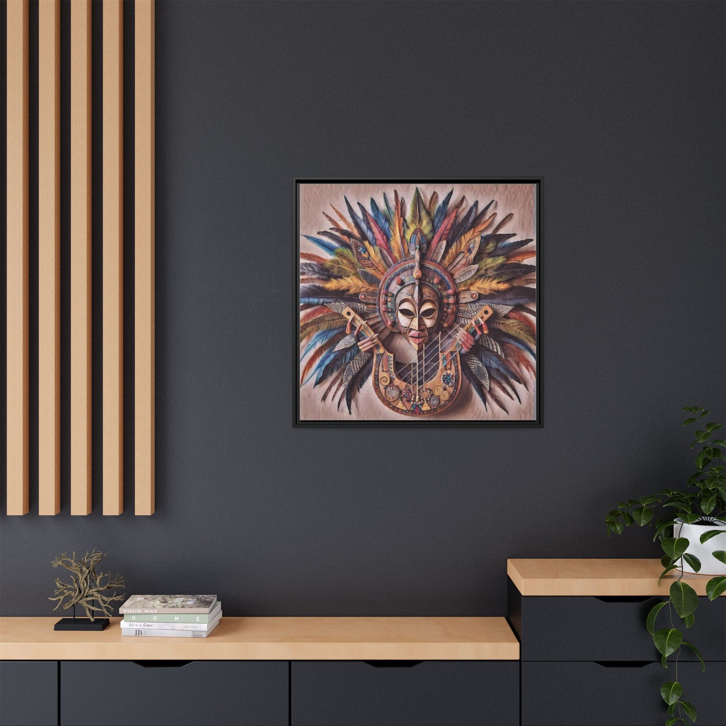 Tribal Feather Mask Guitar Framed Canvas Art — Colorful Boho Wall Decor