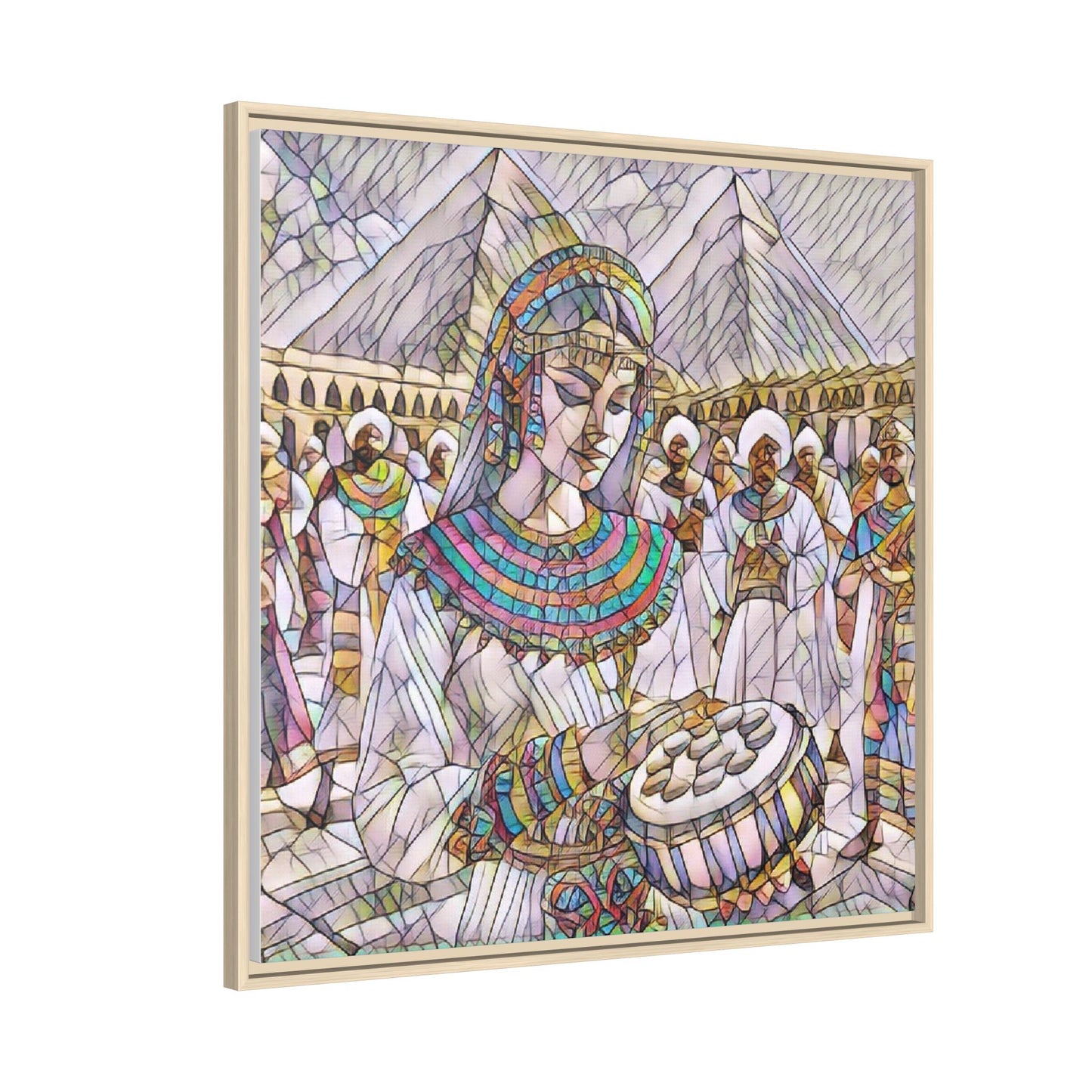 Egyptian Drum Player Framed Canvas Art — Colorful Ancient Scene Wall Decor