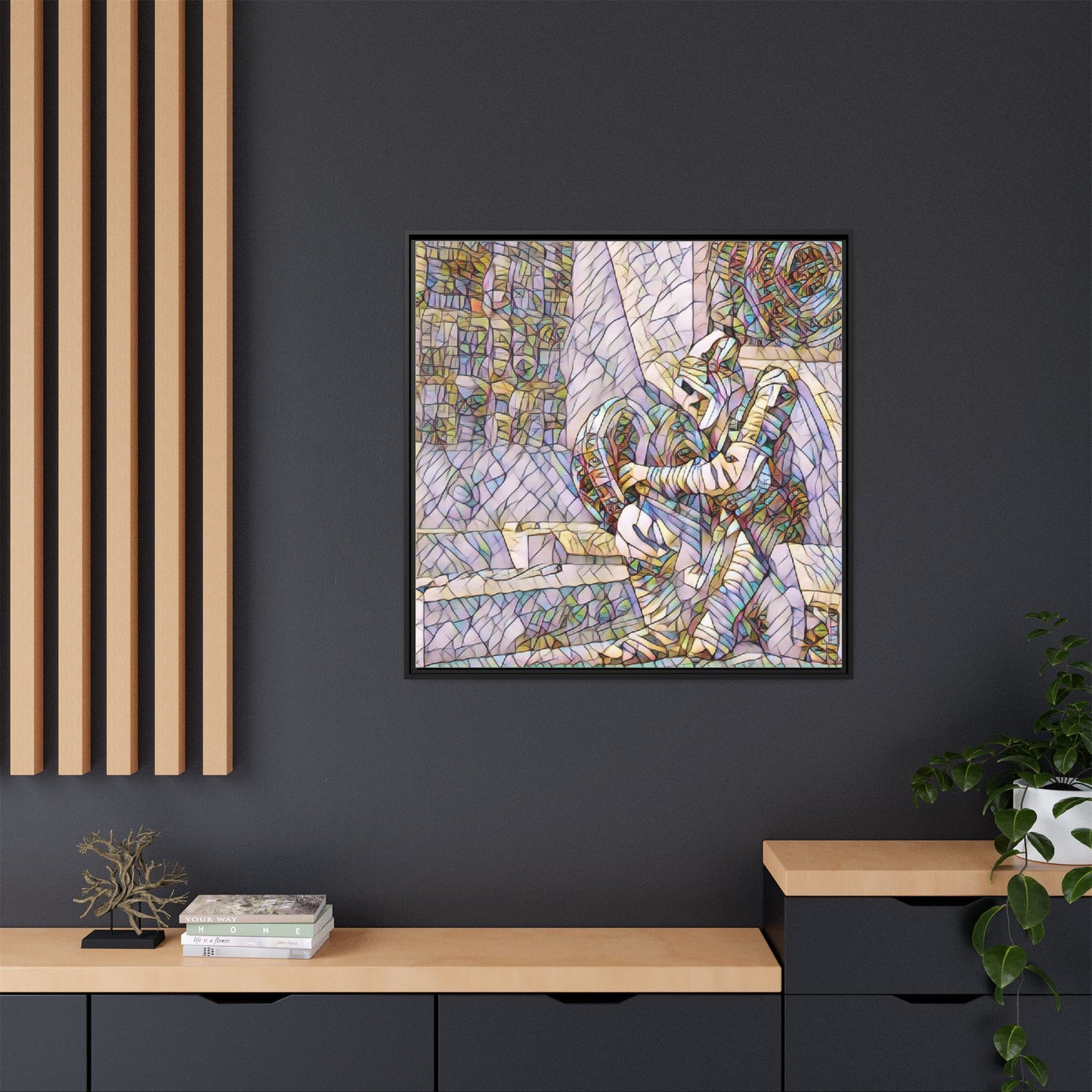 Framed Matte Canvas Art — Colorful Stained-Glass Astronaut Embrace