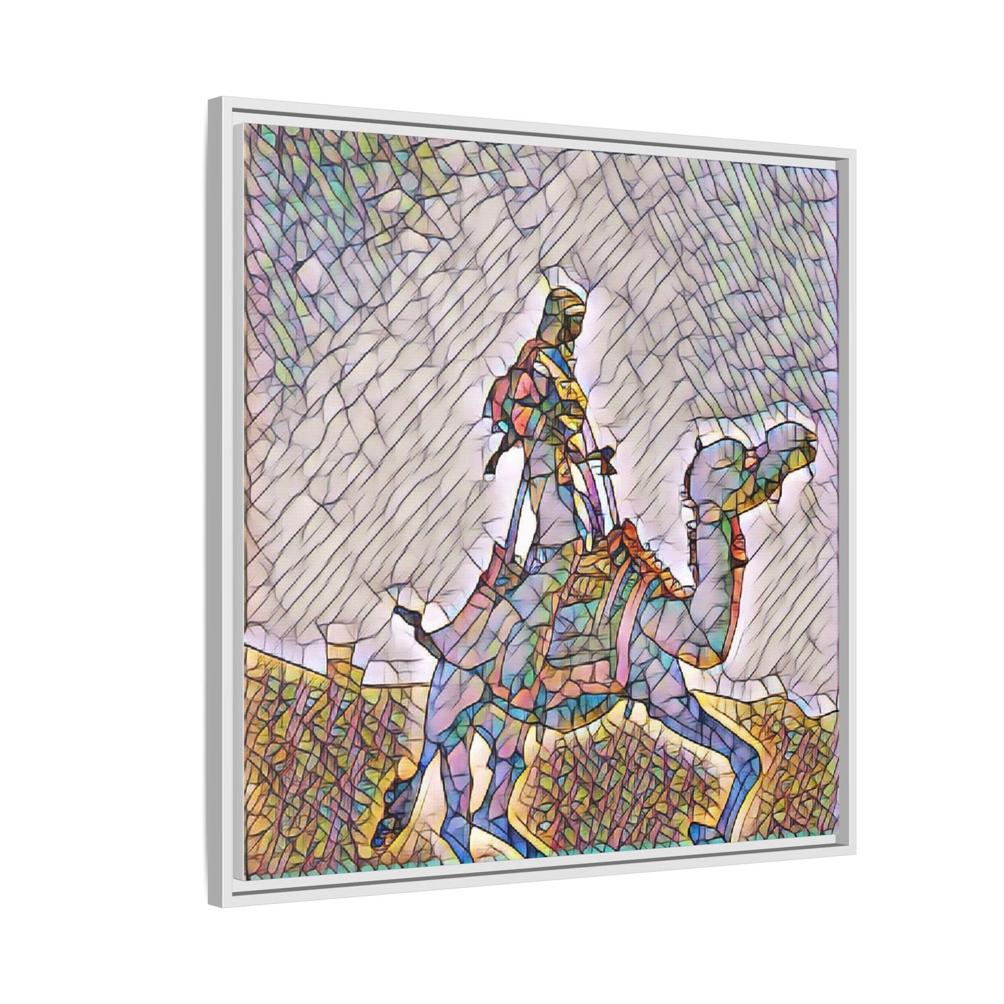Framed Camel Rider Matte Canvas Art — Colorful Mosaic Desert Wall Decor