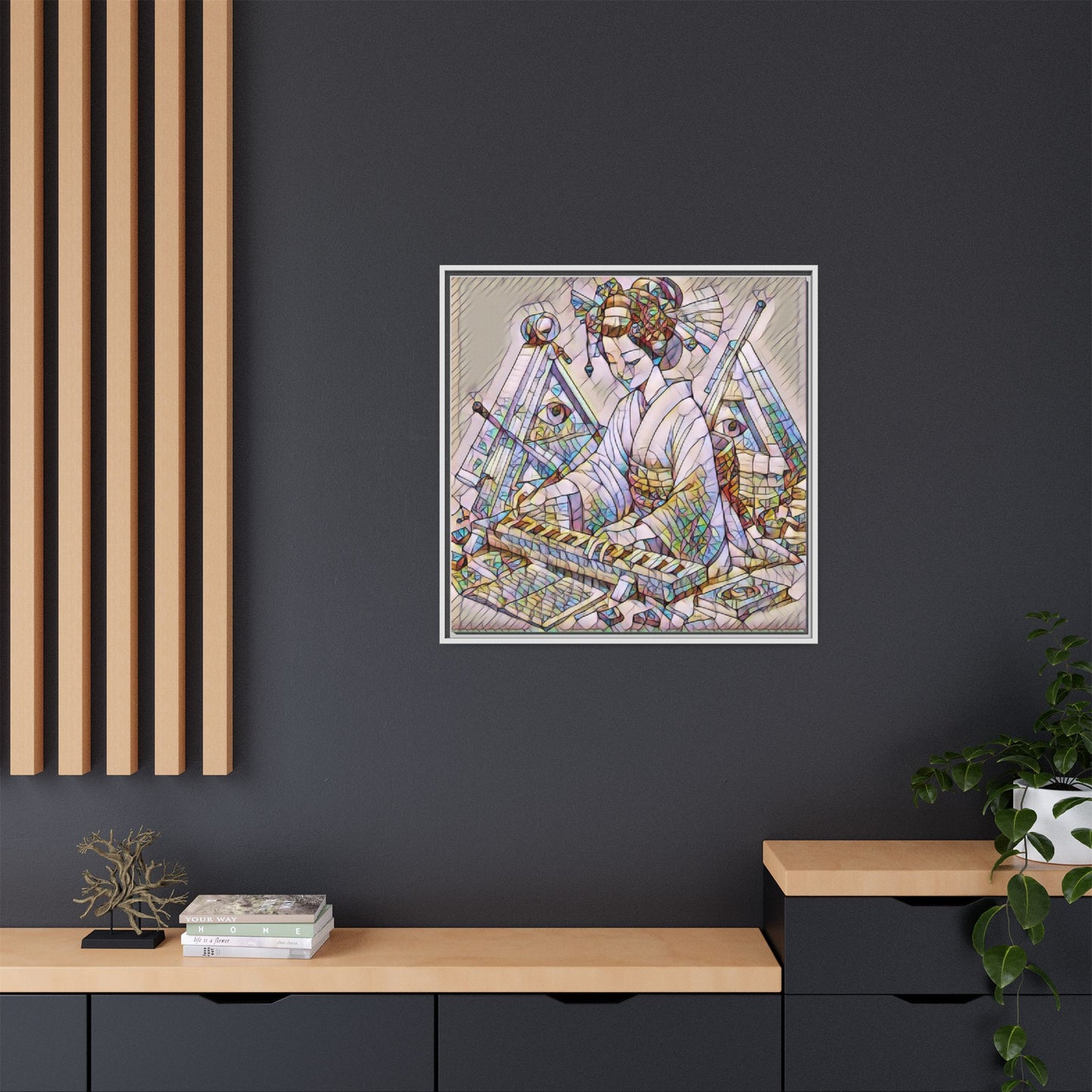 Framed Matte Canvas: Stained-Glass Geisha Wall Art