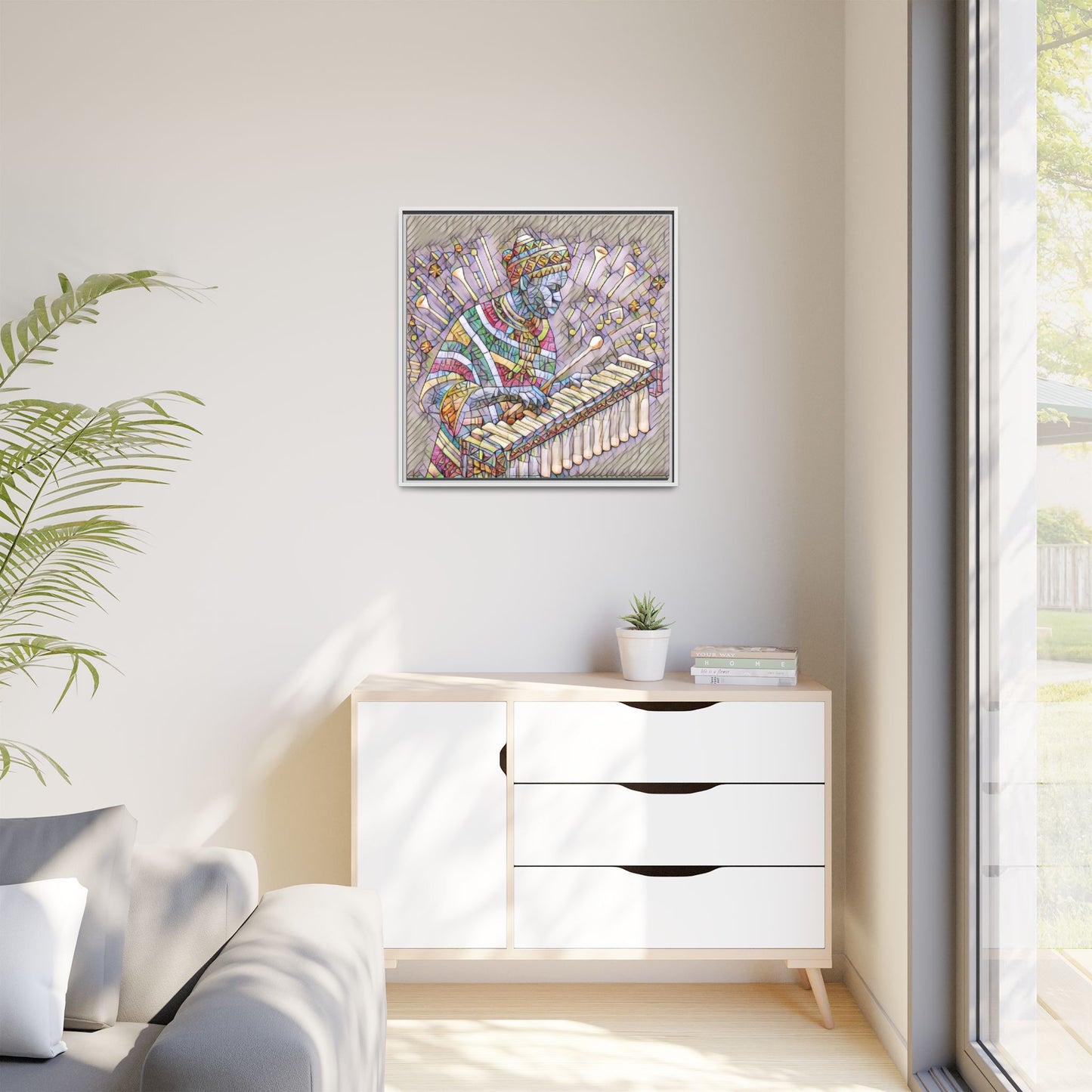 Colorful Marimba Musician Matte Framed Canvas — Vibrant African Instrument Wall Art