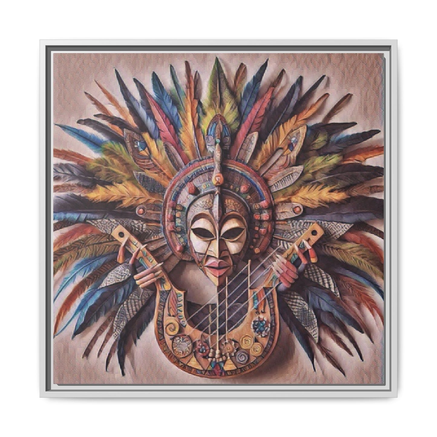 Tribal Feather Mask Guitar Framed Canvas Art — Colorful Boho Wall Decor