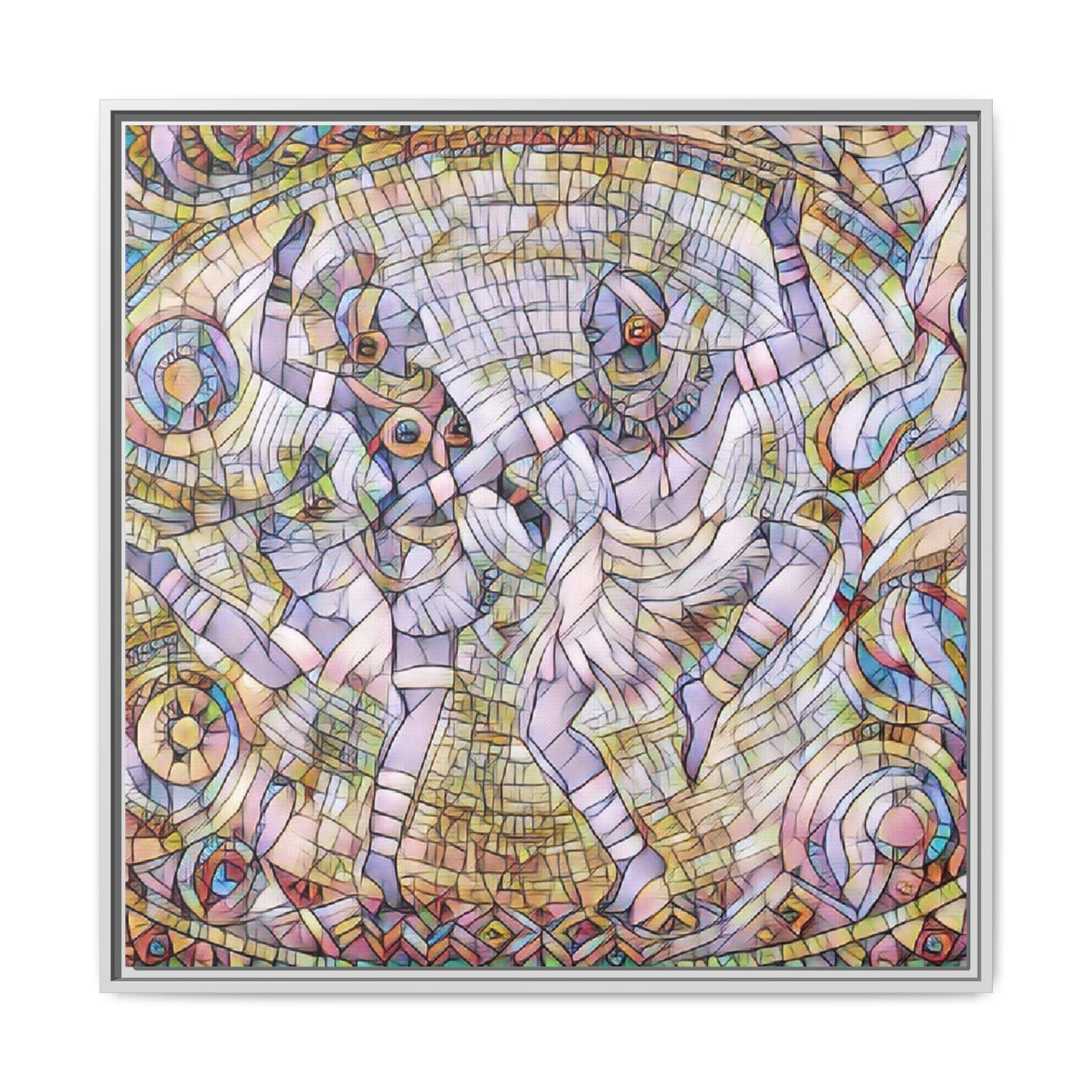 Abstract Dancers Matte Framed Canvas Wall Art — Multi‑Color Stained Glass Style