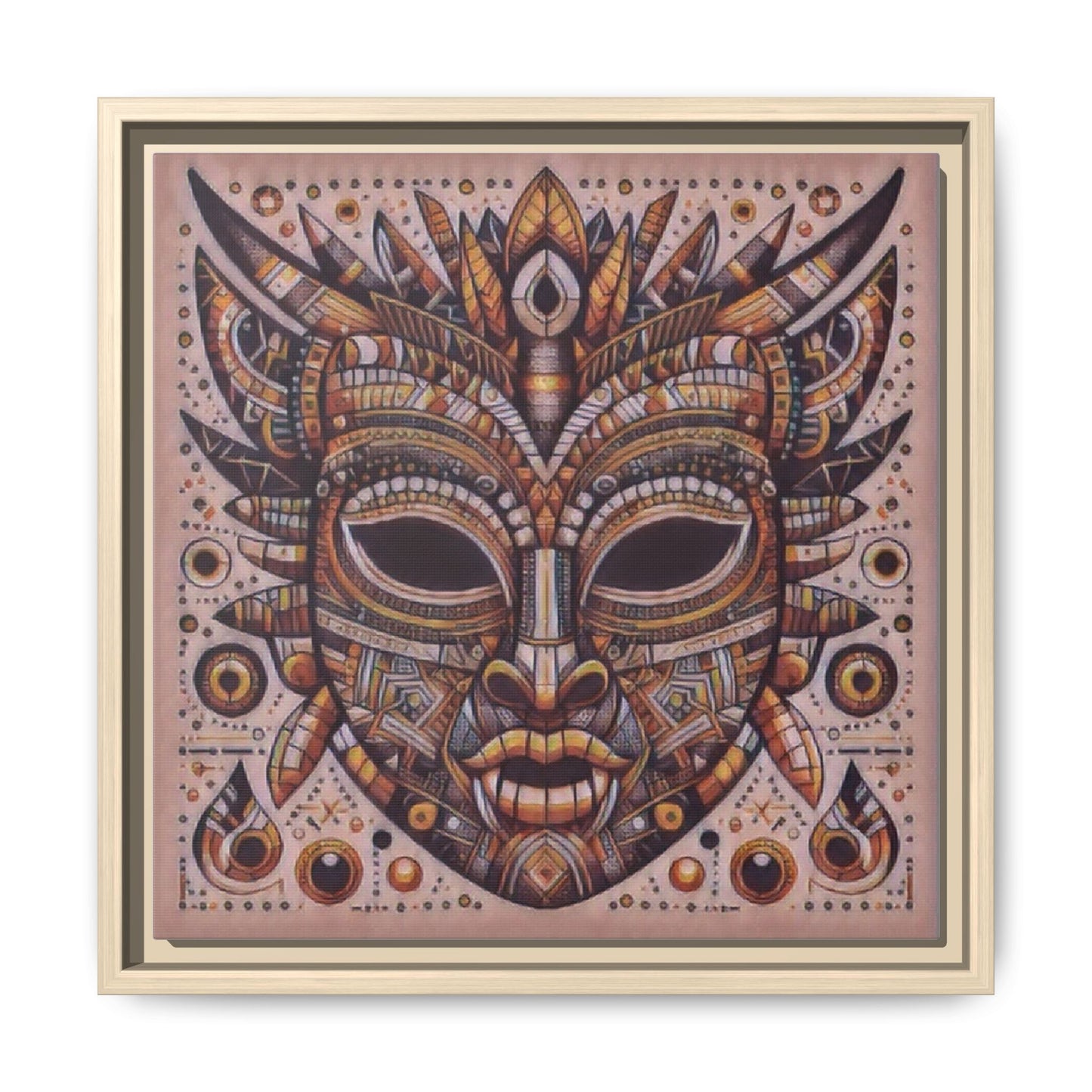Tribal Mask Framed Canvas Art — Multicolor Matte Wall Decor
