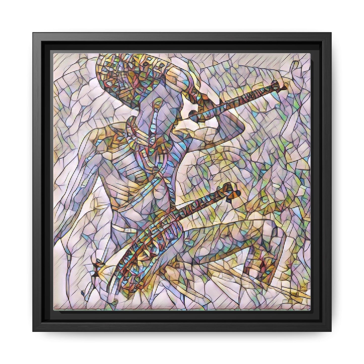 Stained Glass Blue Musician — Framed Matte Canvas Art