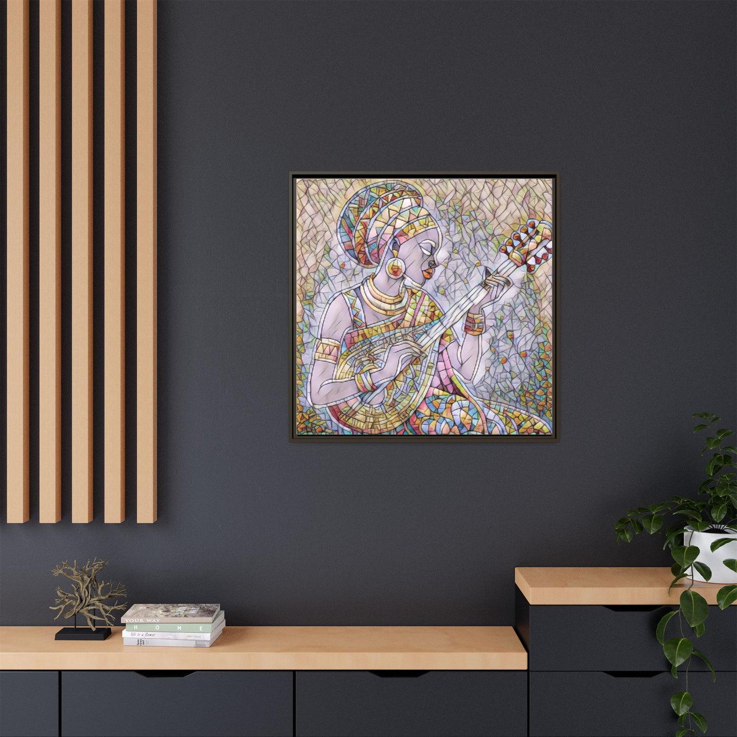 Framed Canvas Art — Colorful African Woman Playing Lute (Matte Multi‑Color)