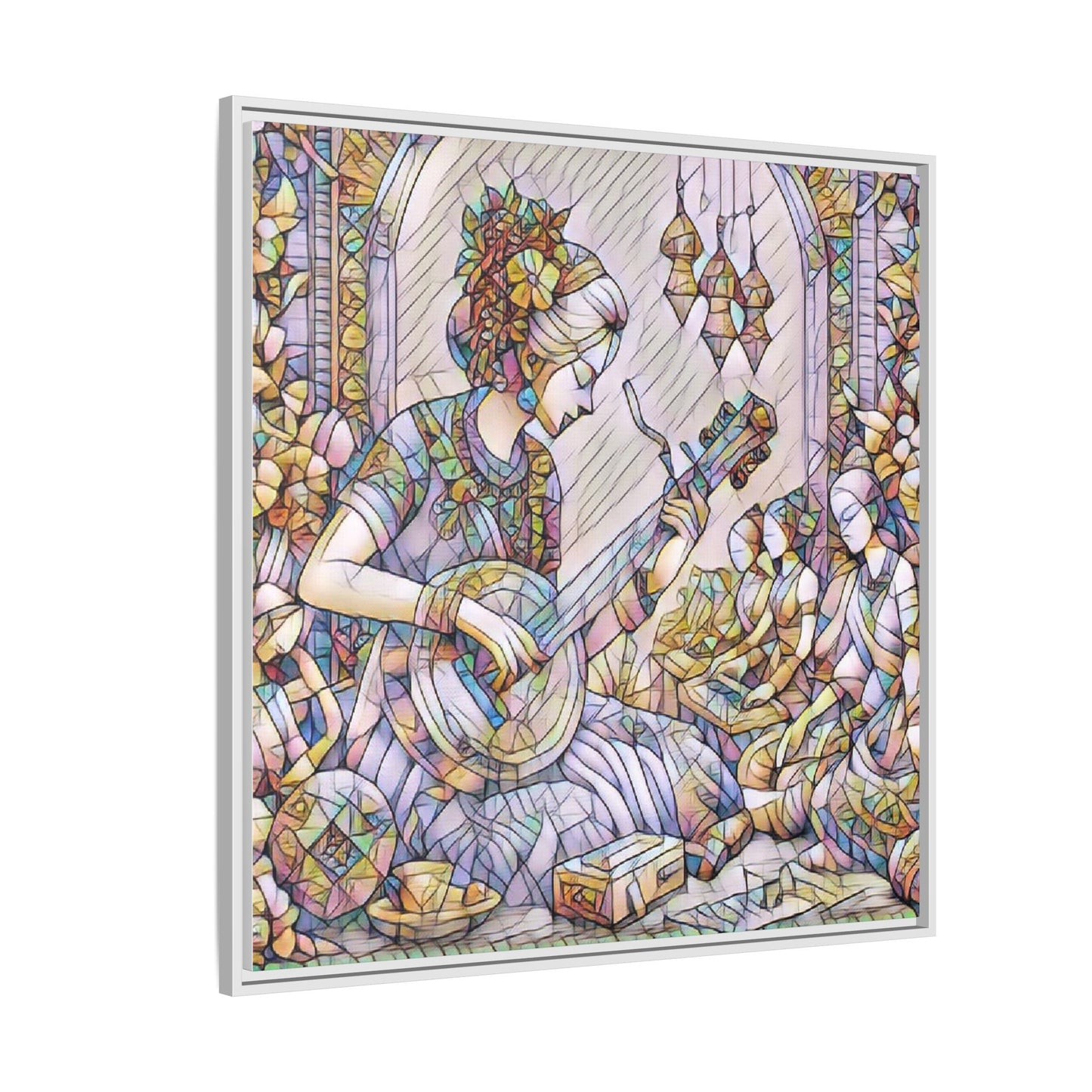 Framed Matte Canvas: Bohemian Woman Playing Lute — Stained-Glass Style Wall Art