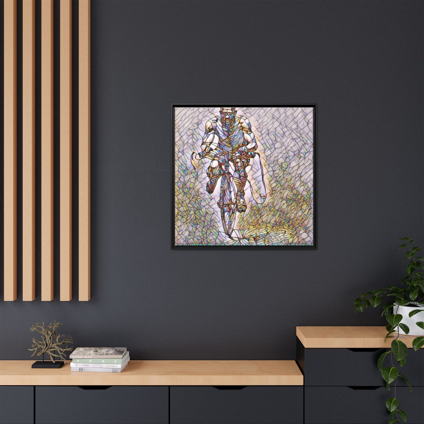 Cyclist Art Print — Framed Matte Canvas Wall Art (Multicolor Stained-Glass Style)