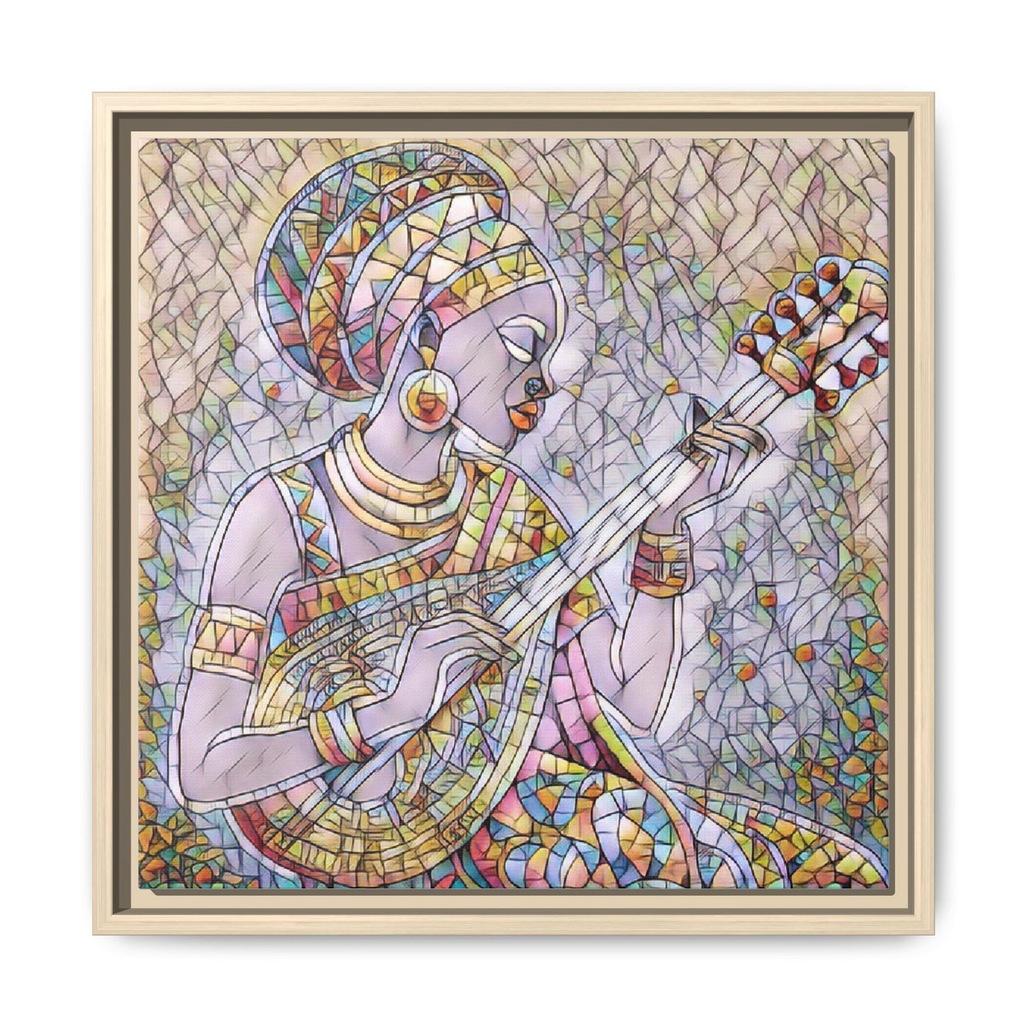 Framed Canvas Art — Colorful African Woman Playing Lute (Matte Multi‑Color)