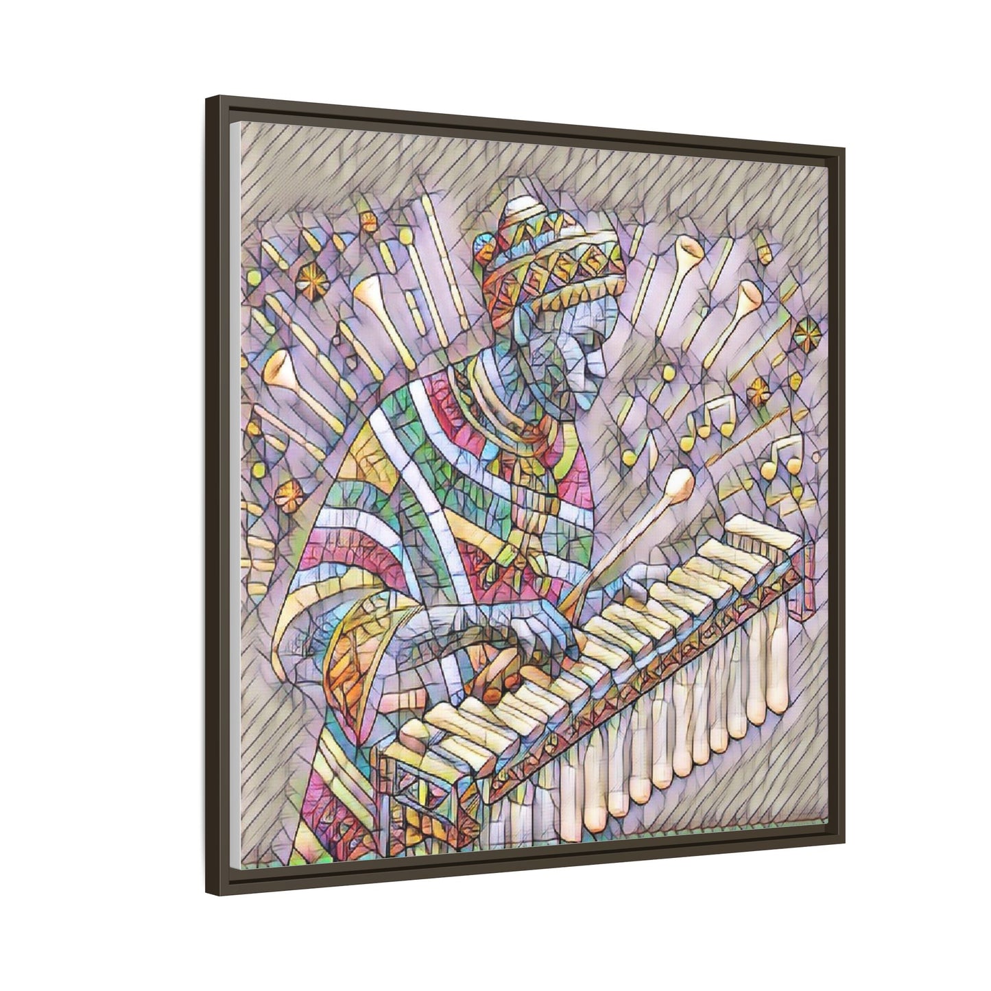 Colorful Marimba Musician Matte Framed Canvas — Vibrant African Instrument Wall Art