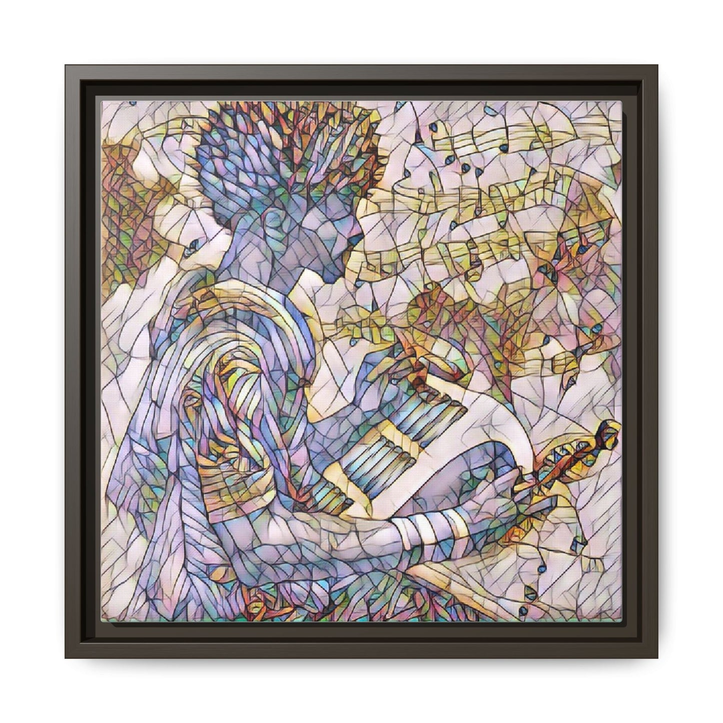 Abstract Jazz Musician Framed Canvas Art — Colorful Stained-Glass Style Wall Decor