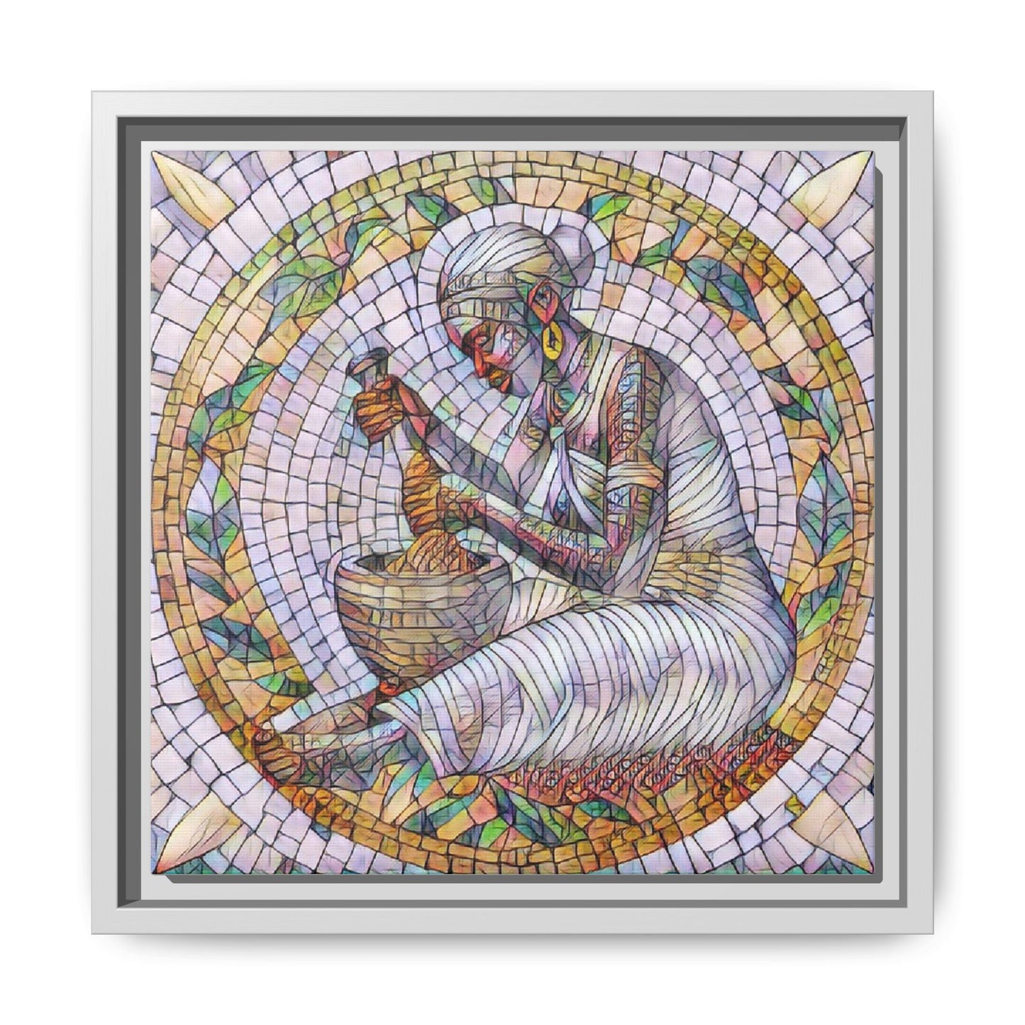 Framed Mosaic Art Print — Woman Grinding Grain (Matte Canvas)