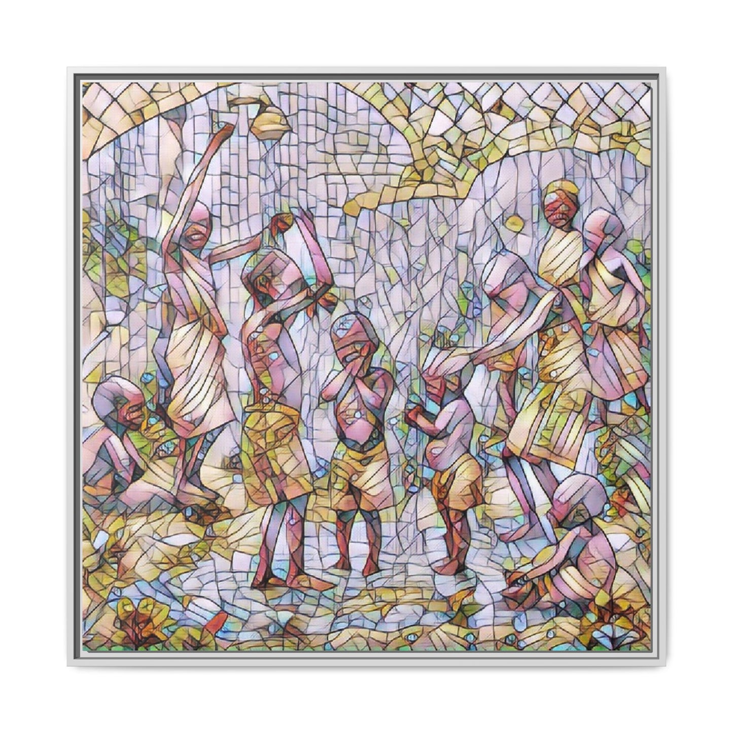 Framed Matte Canvas – Colorful Mosaic Children Playing Wall Art