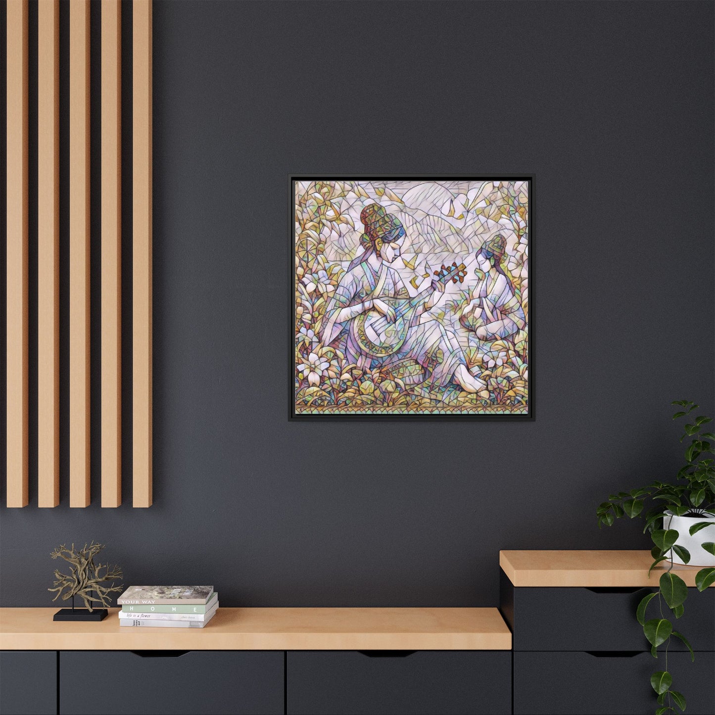 Framed Matte Canvas Art - Vintage Asian Musicians Floral Illustration
